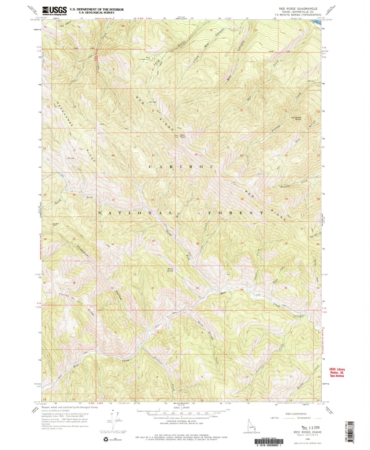 Classic USGS Red Ridge Idaho 7.5'x7.5' Topo Map Image