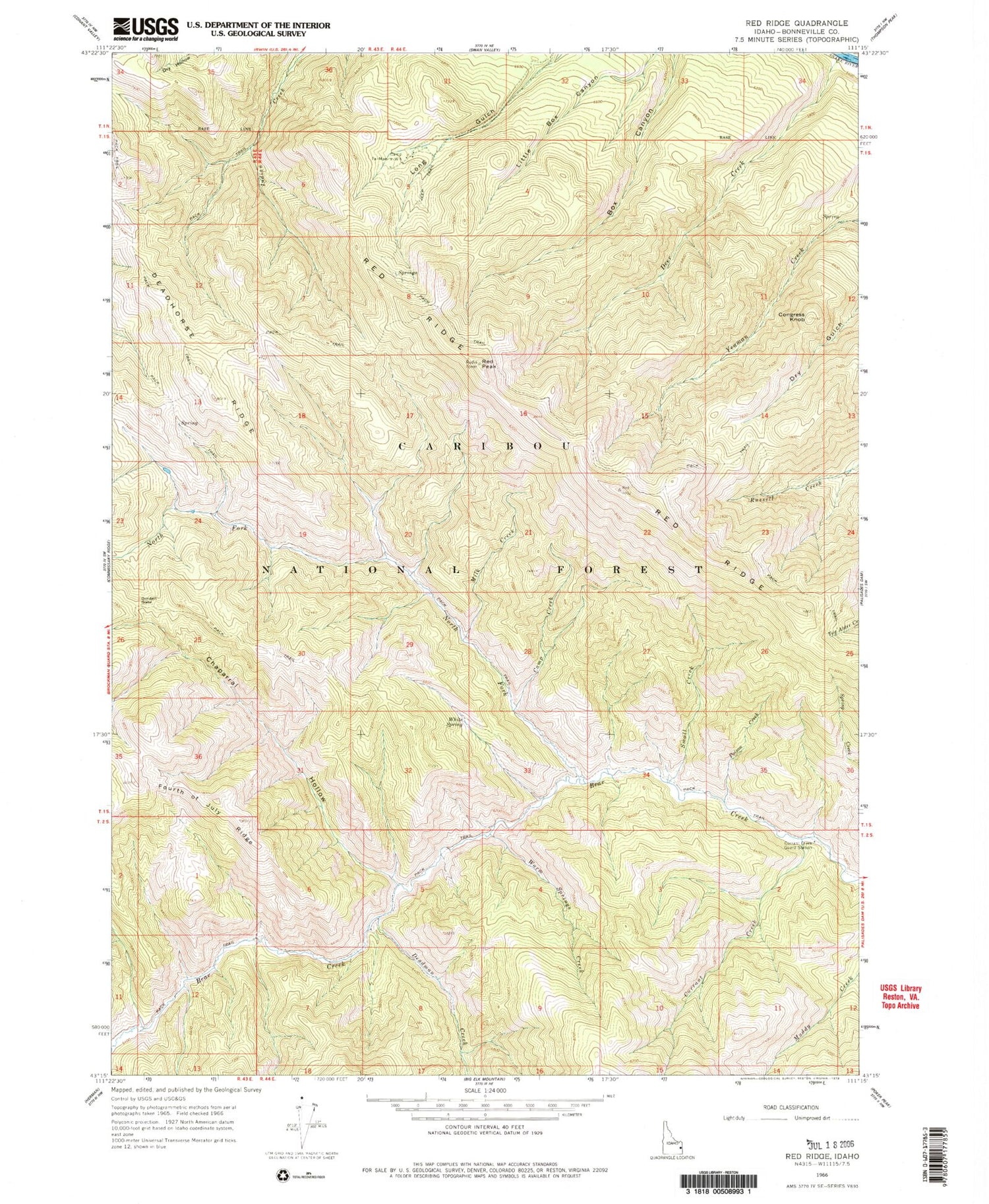 Classic USGS Red Ridge Idaho 7.5'x7.5' Topo Map Image