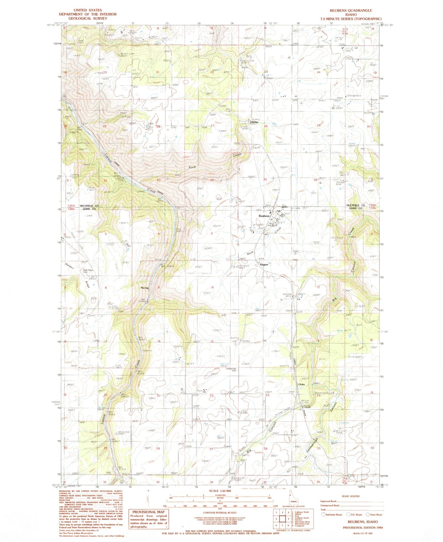 Classic USGS Reubens Idaho 7.5'x7.5' Topo Map Image