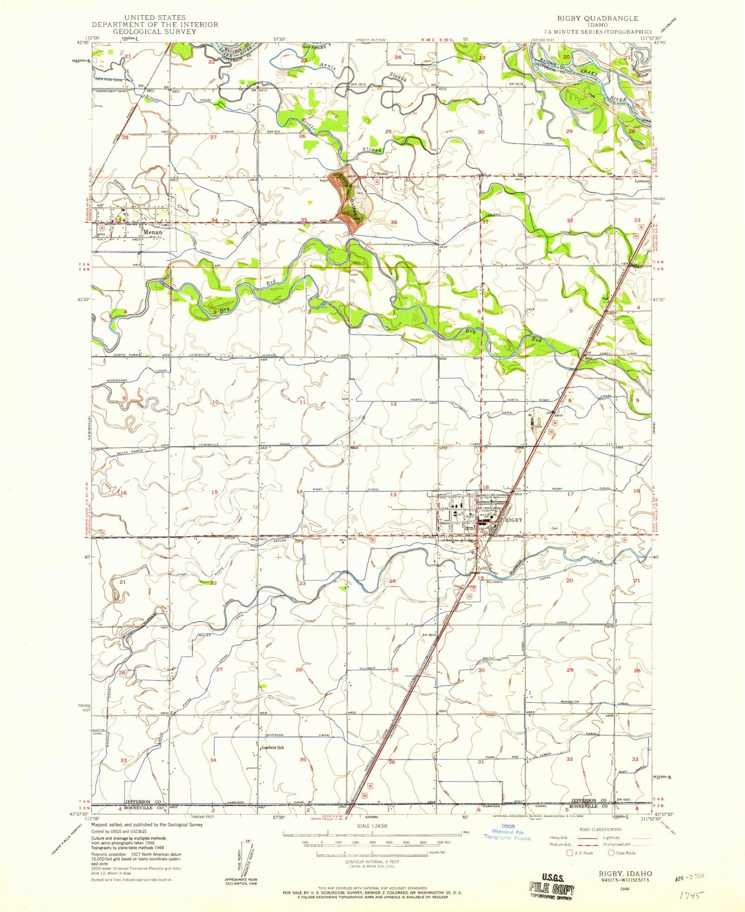 Classic USGS Rigby Idaho 7.5'x7.5' Topo Map Image