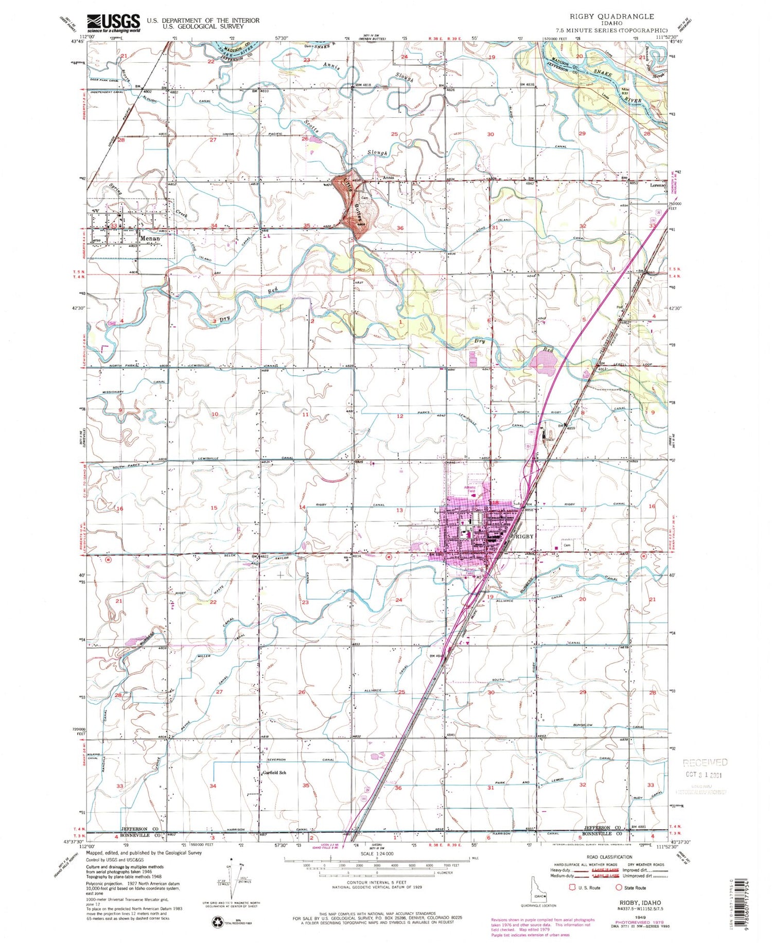 Classic USGS Rigby Idaho 7.5'x7.5' Topo Map Image