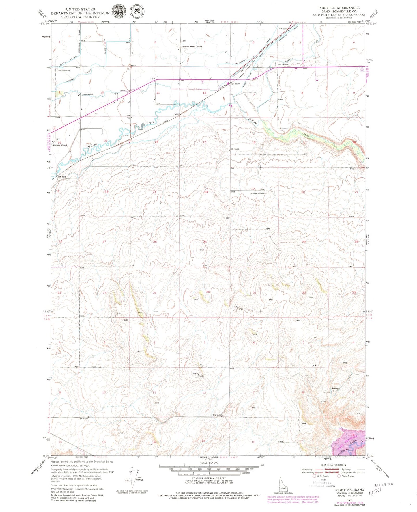 Classic USGS Rigby SE Idaho 7.5'x7.5' Topo Map Image
