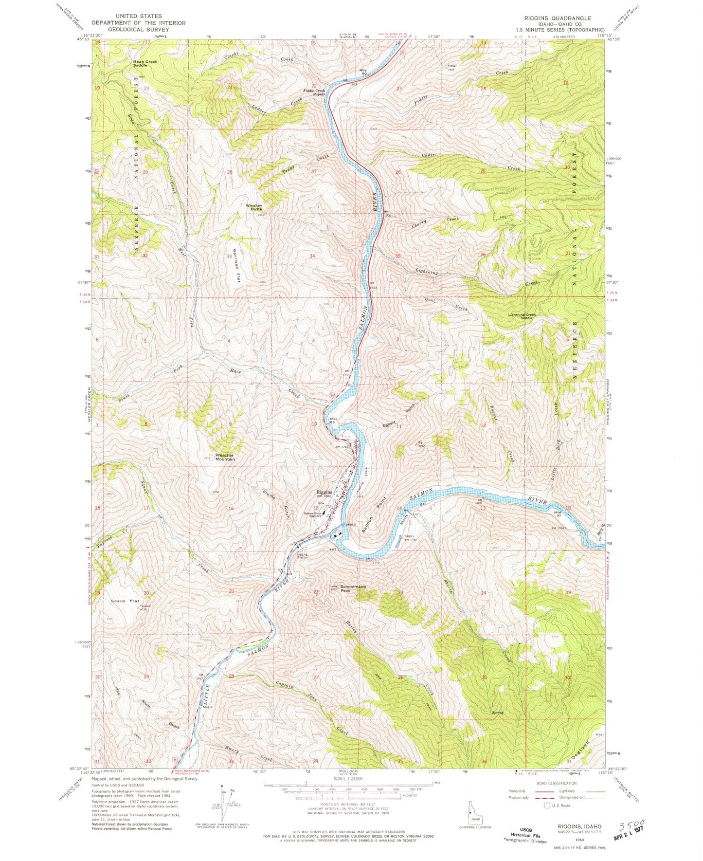 Classic USGS Riggins Idaho 7.5'x7.5' Topo Map Image