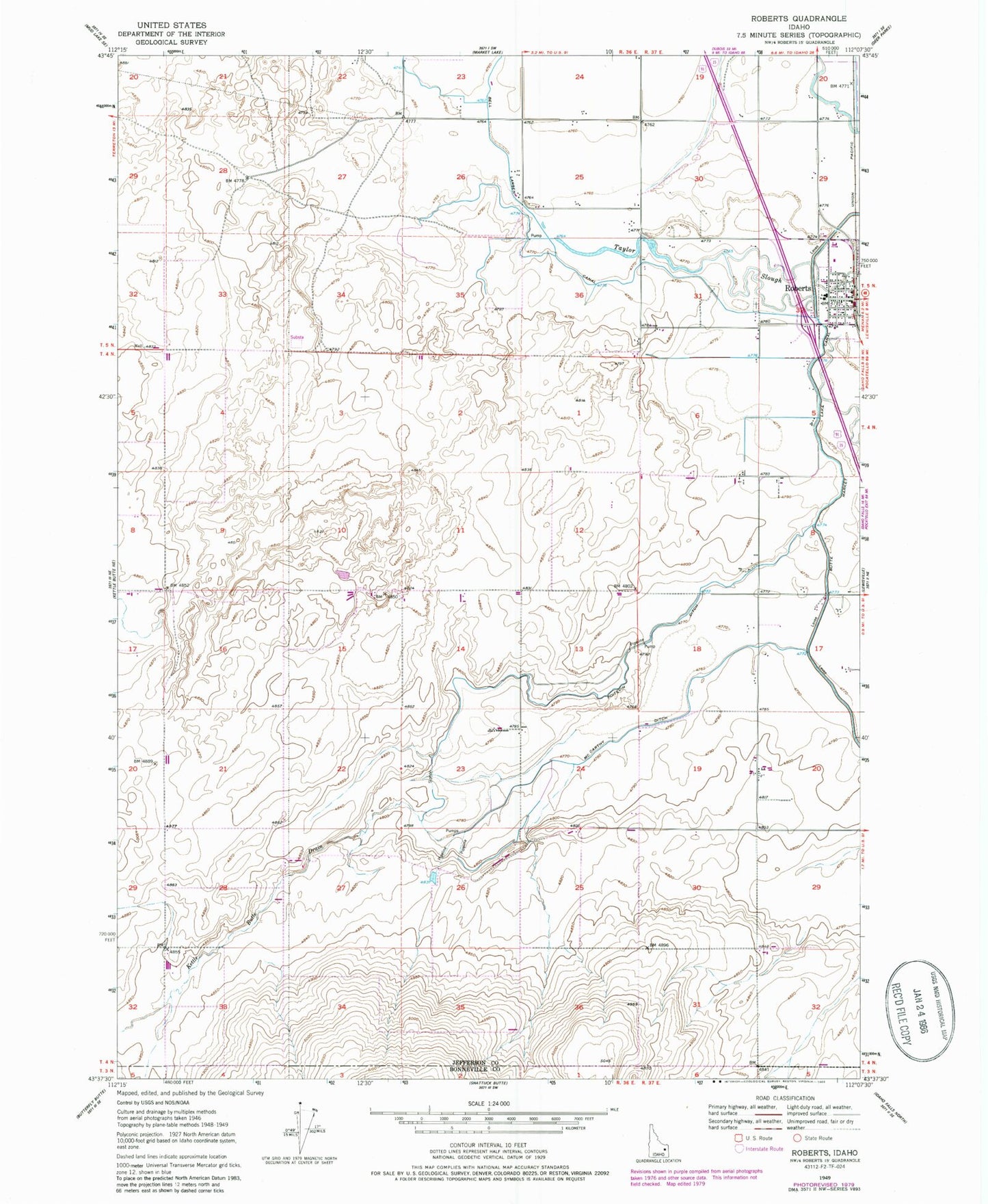 Classic USGS Roberts Idaho 7.5'x7.5' Topo Map Image