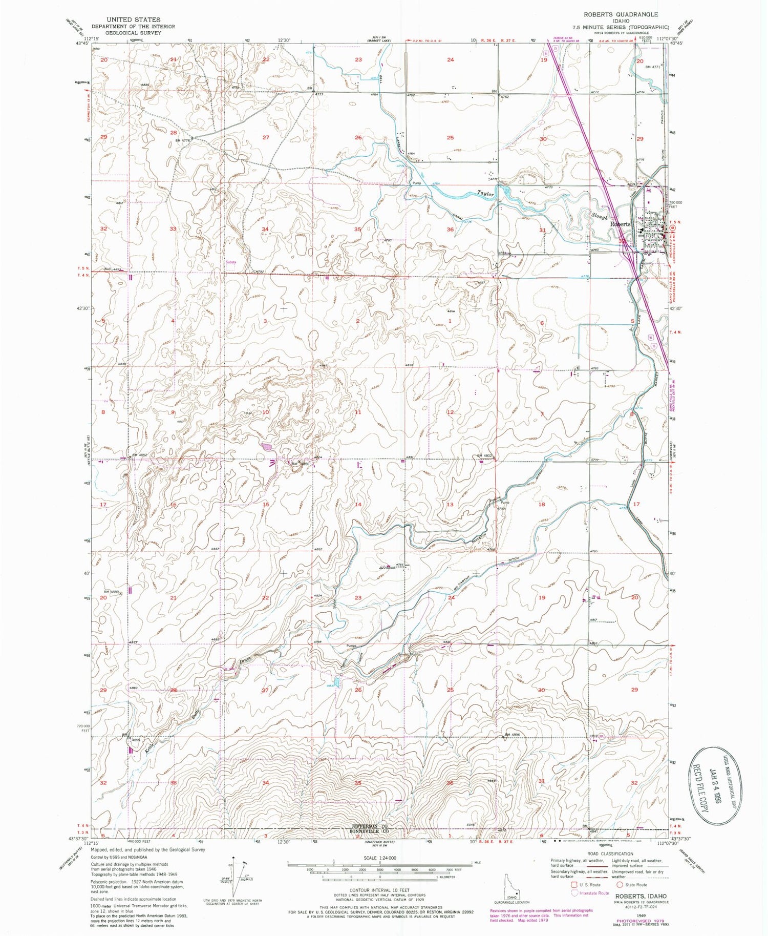 Classic USGS Roberts Idaho 7.5'x7.5' Topo Map Image