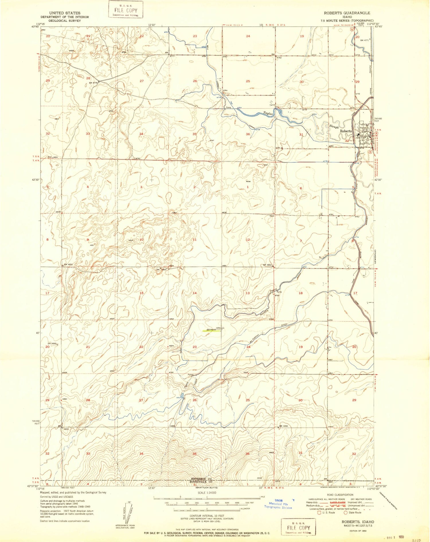 Classic USGS Roberts Idaho 7.5'x7.5' Topo Map Image