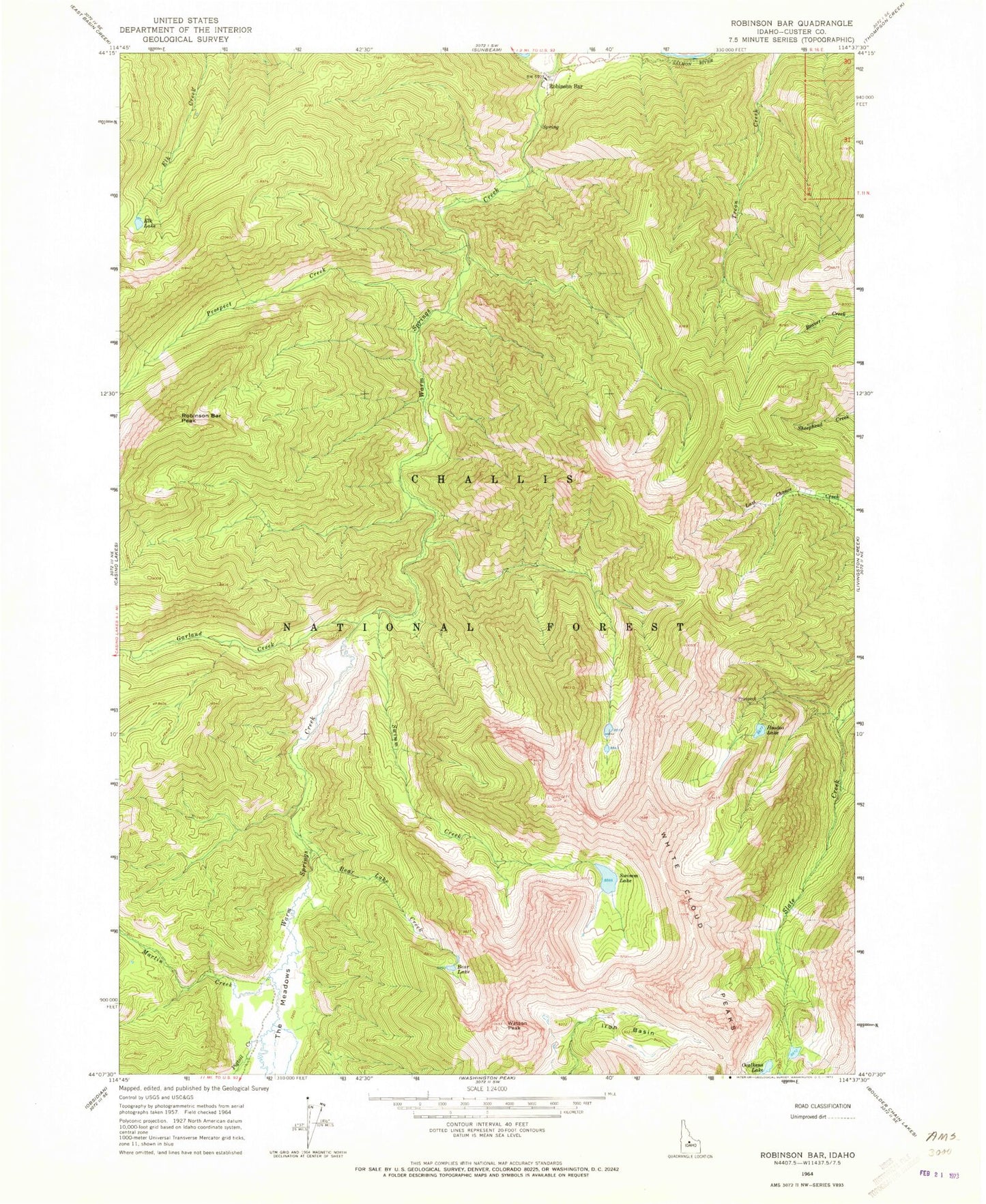 Classic USGS Robinson Bar Idaho 7.5'x7.5' Topo Map Image