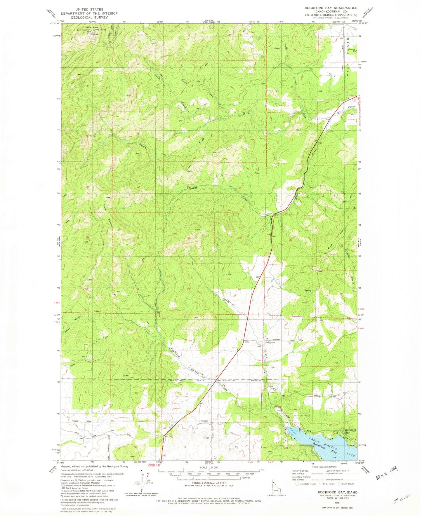 Classic USGS Rockford Bay Idaho 7.5'x7.5' Topo Map Image