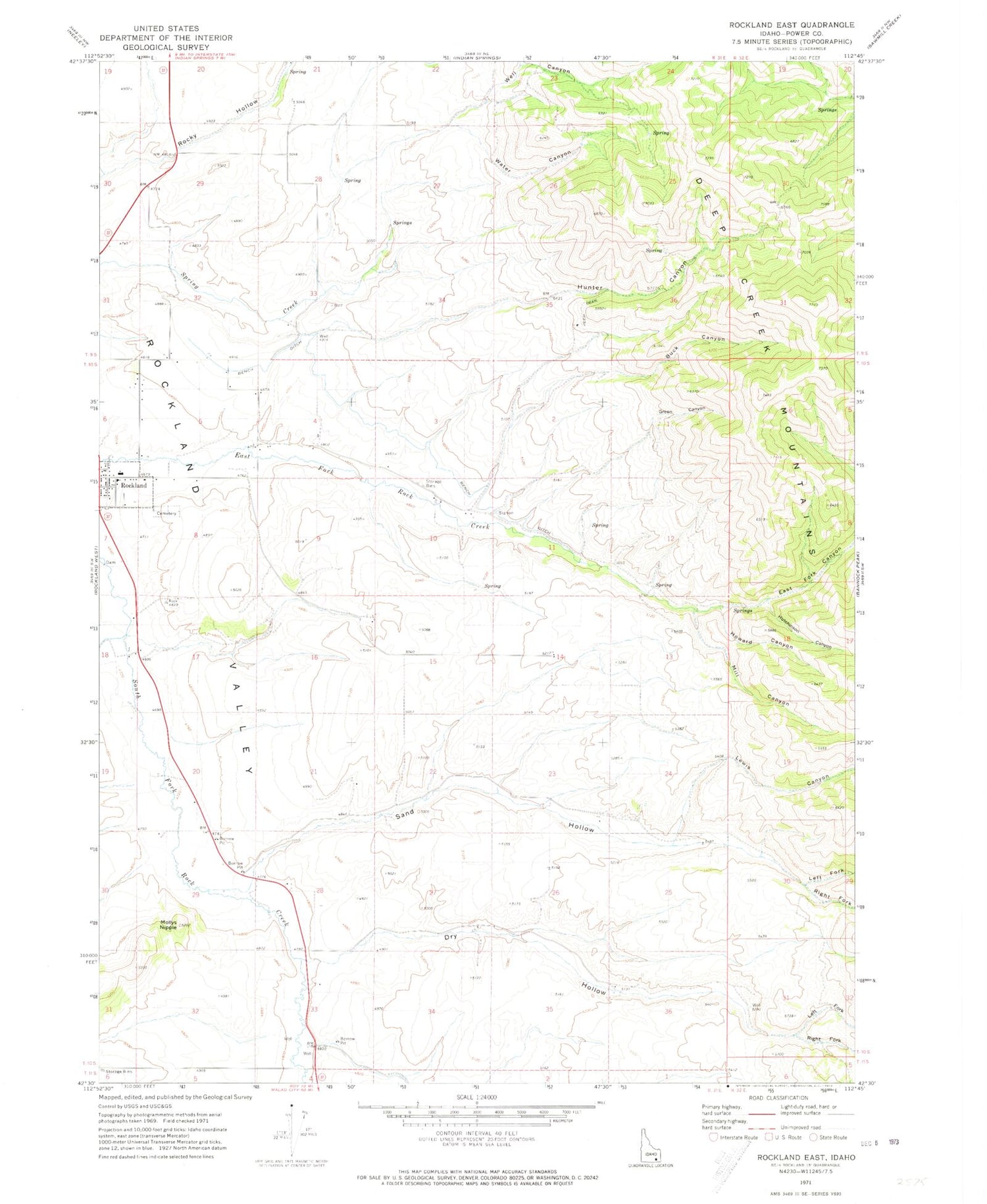 Classic USGS Rockland East Idaho 7.5'x7.5' Topo Map Image