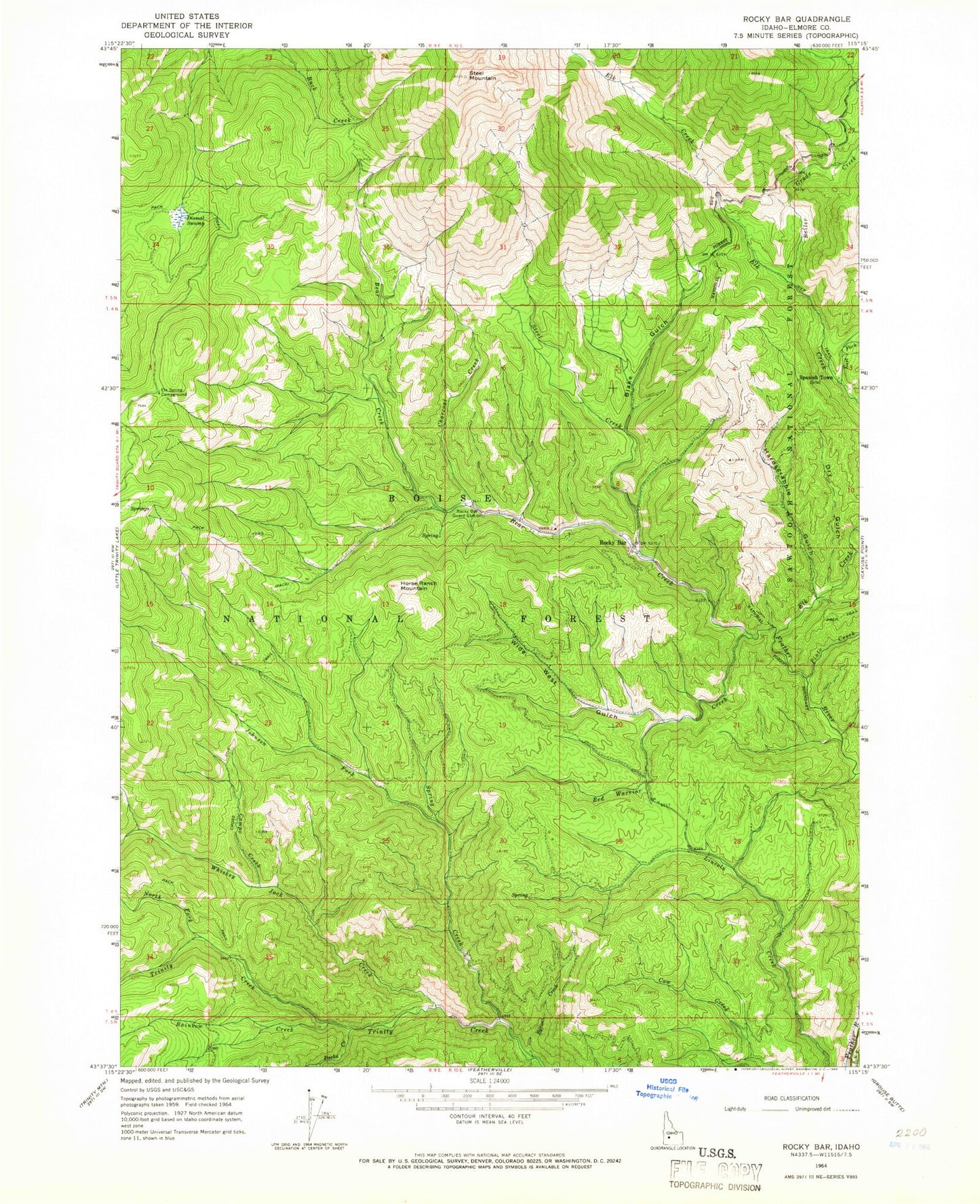 Classic USGS Rocky Bar Idaho 7.5'x7.5' Topo Map Image