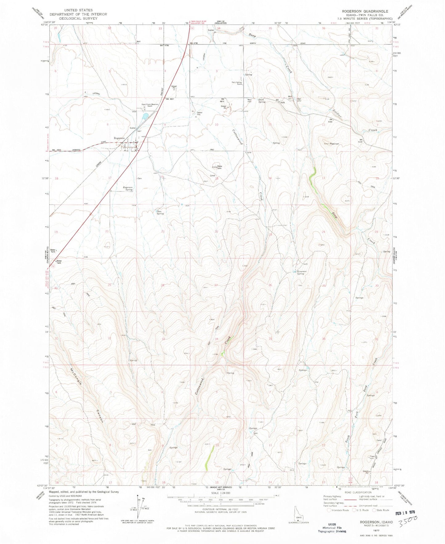 Classic USGS Rogerson Idaho 7.5'x7.5' Topo Map Image