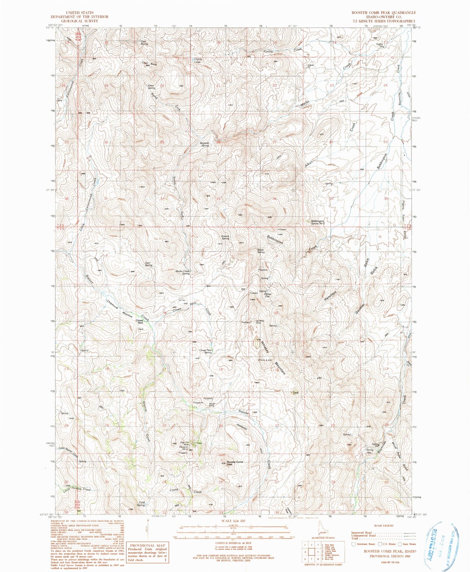 Classic USGS Rooster Comb Peak Idaho 7.5'x7.5' Topo Map Image
