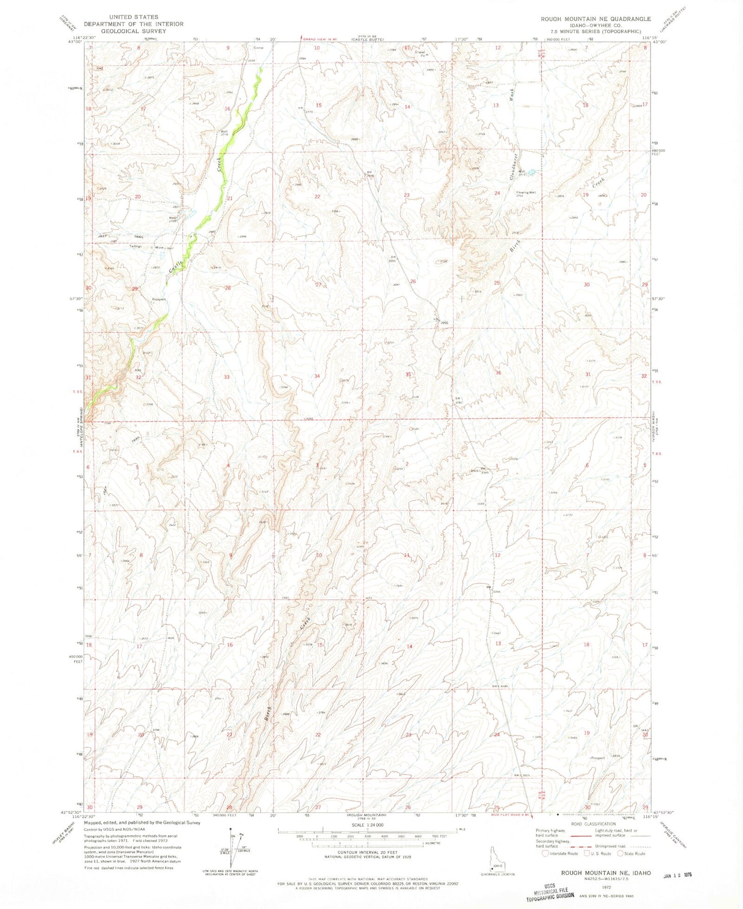 Classic USGS Rough Mountain NE Idaho 7.5'x7.5' Topo Map Image