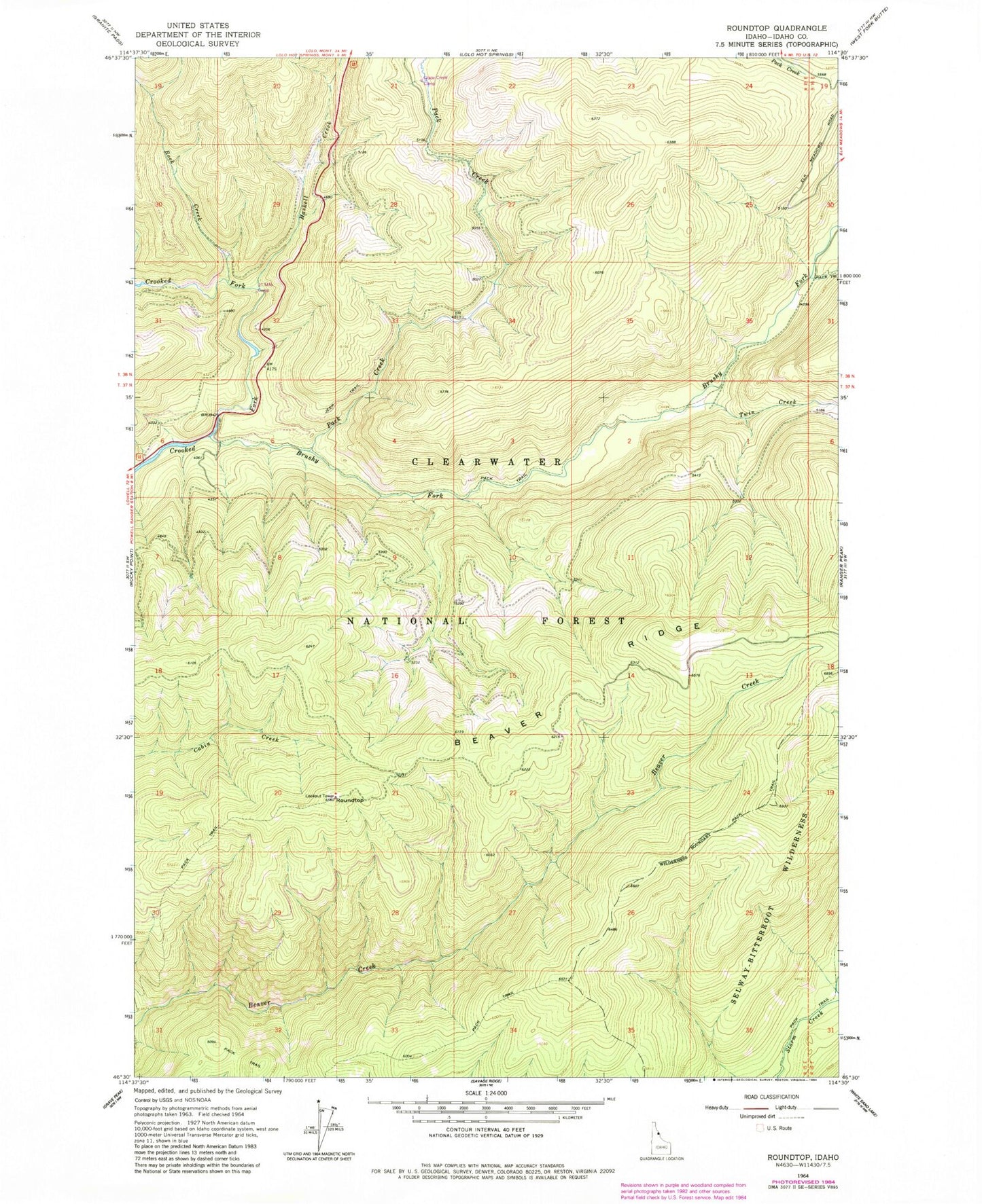 Classic USGS Roundtop Idaho 7.5'x7.5' Topo Map Image