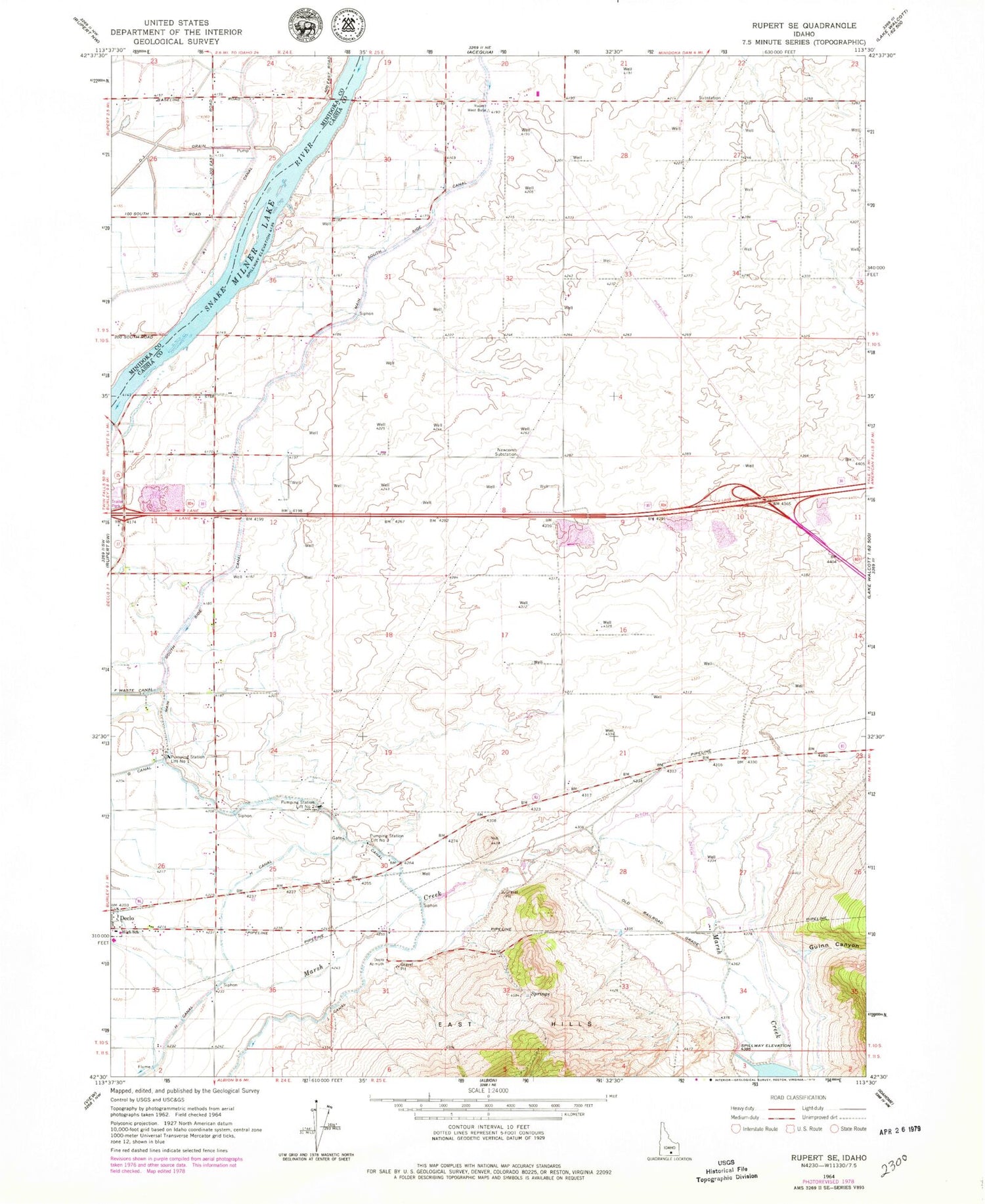Classic USGS Rupert SE Idaho 7.5'x7.5' Topo Map Image