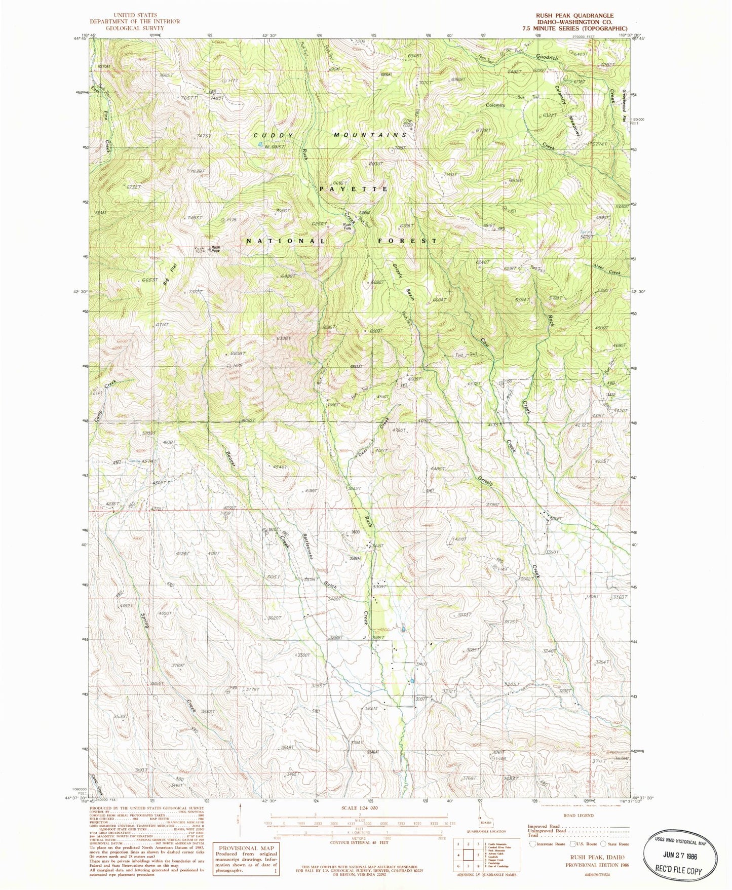 Classic USGS Rush Peak Idaho 7.5'x7.5' Topo Map Image