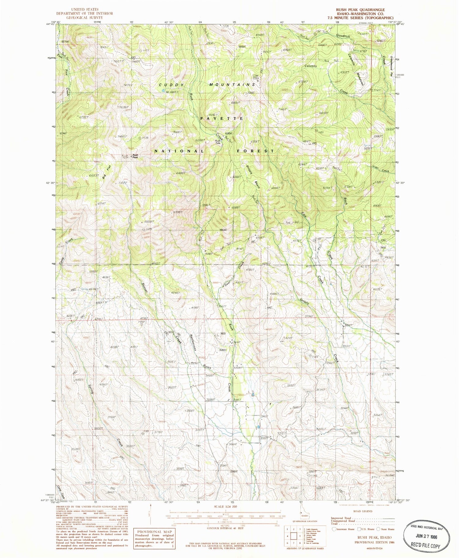 Classic USGS Rush Peak Idaho 7.5'x7.5' Topo Map Image