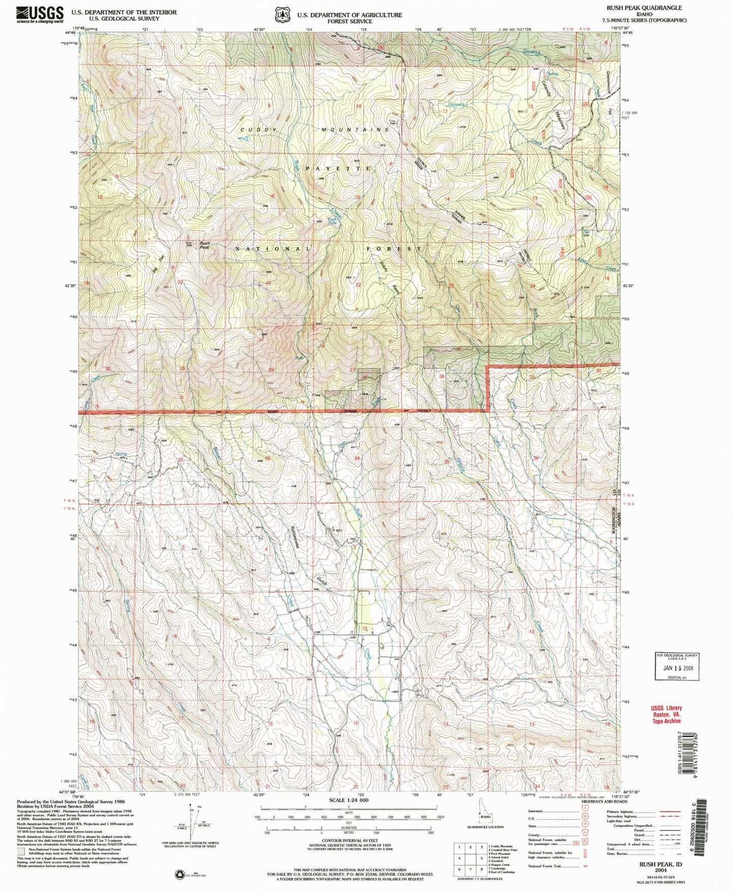 Classic USGS Rush Peak Idaho 7.5'x7.5' Topo Map Image