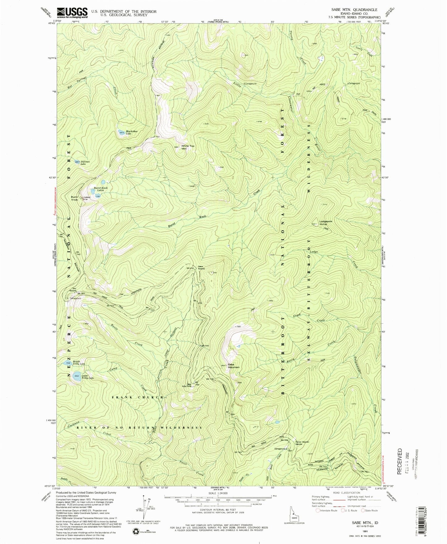 Classic USGS Sabe Mountain Idaho 7.5'x7.5' Topo Map Image