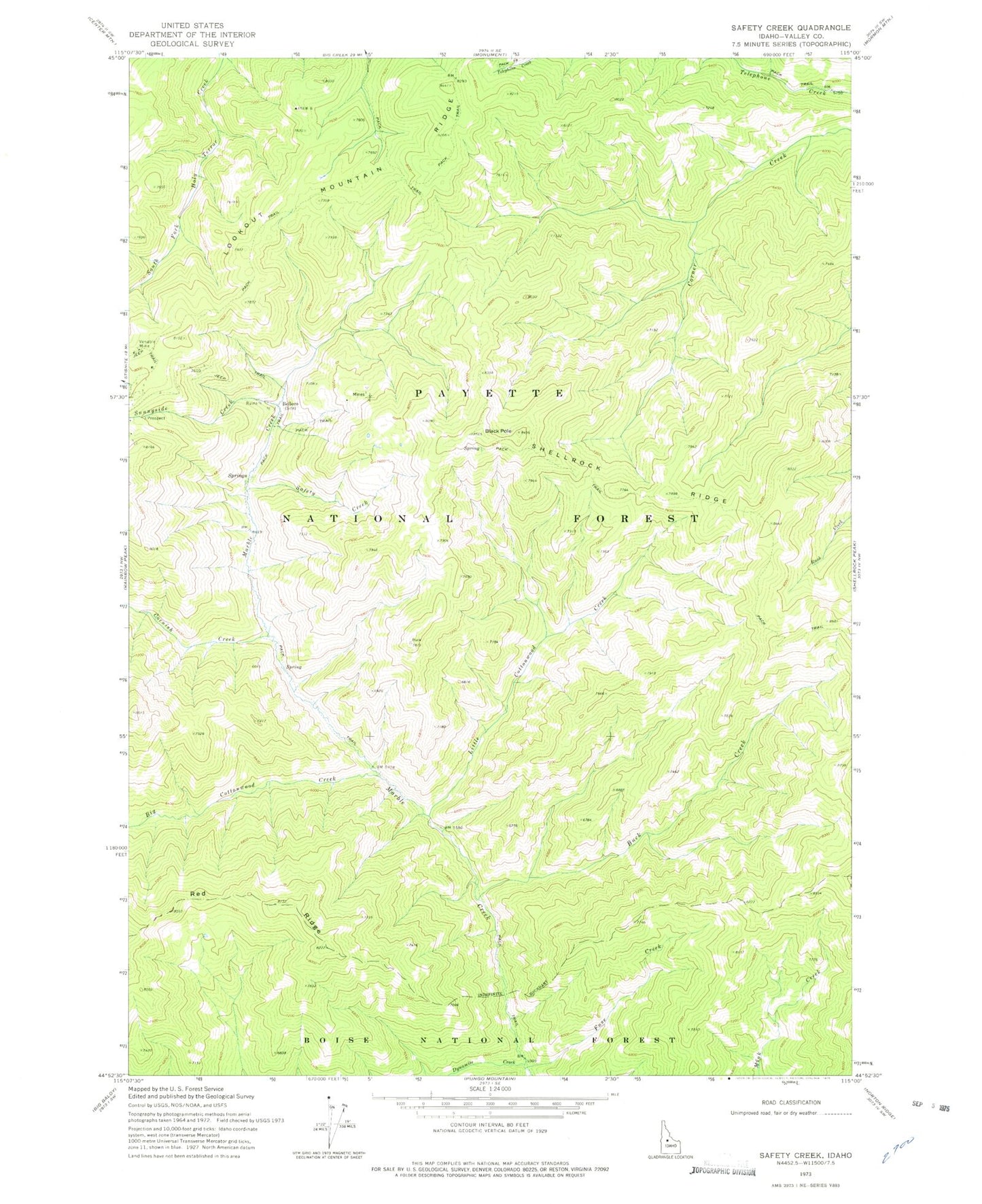 Classic USGS Safety Creek Idaho 7.5'x7.5' Topo Map Image