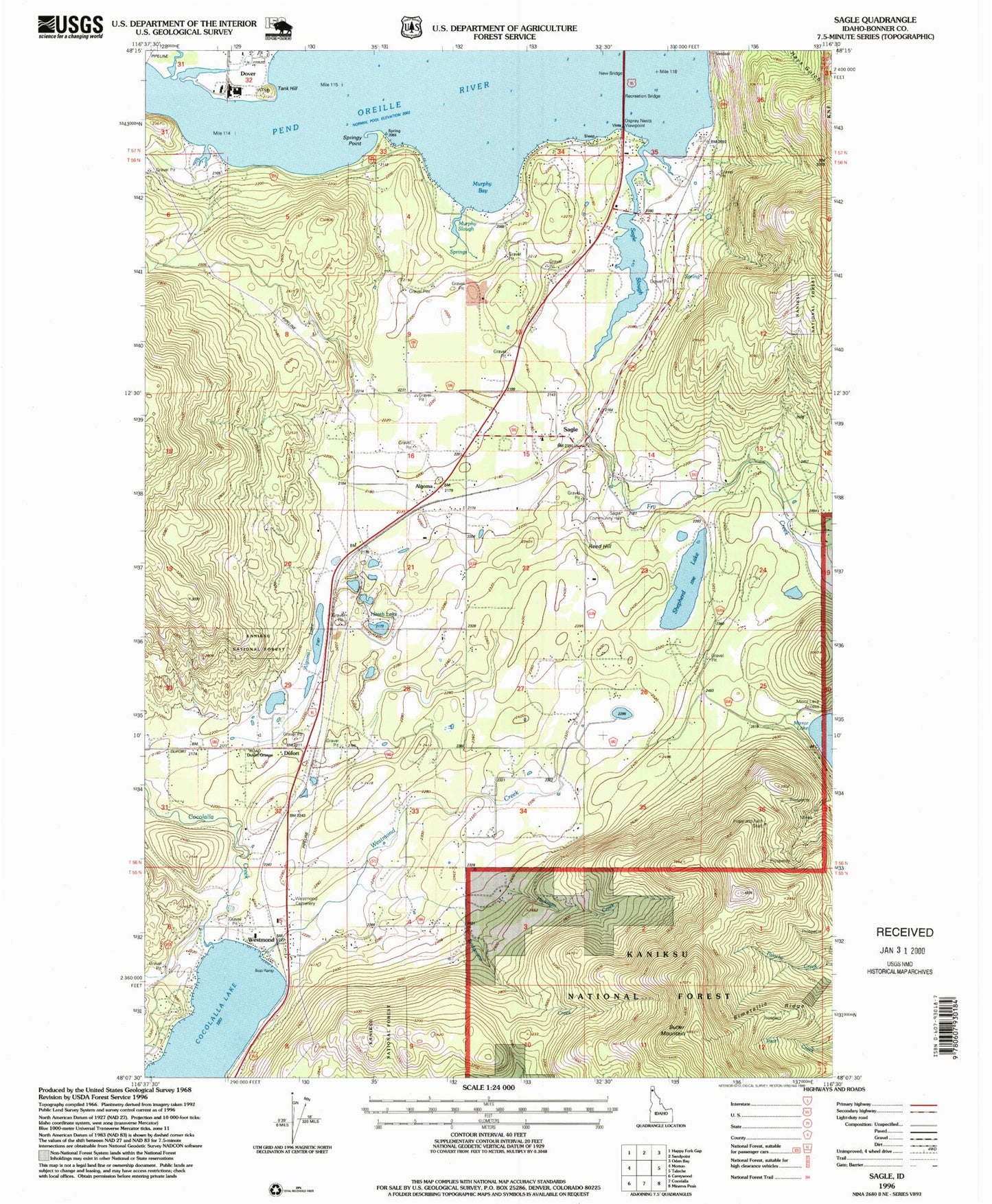 Classic USGS Sagle Idaho 7.5'x7.5' Topo Map Image