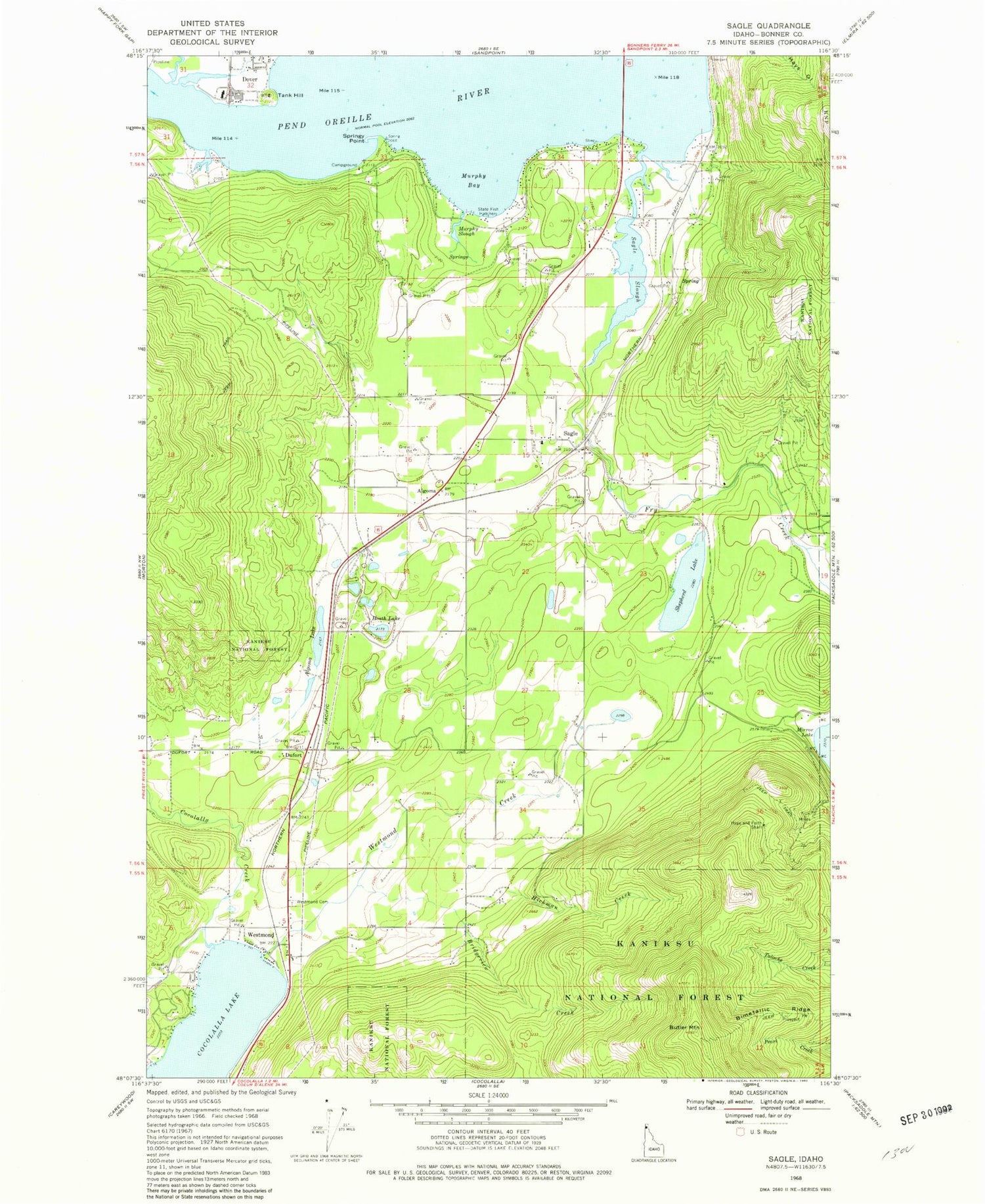 Classic USGS Sagle Idaho 7.5'x7.5' Topo Map Image