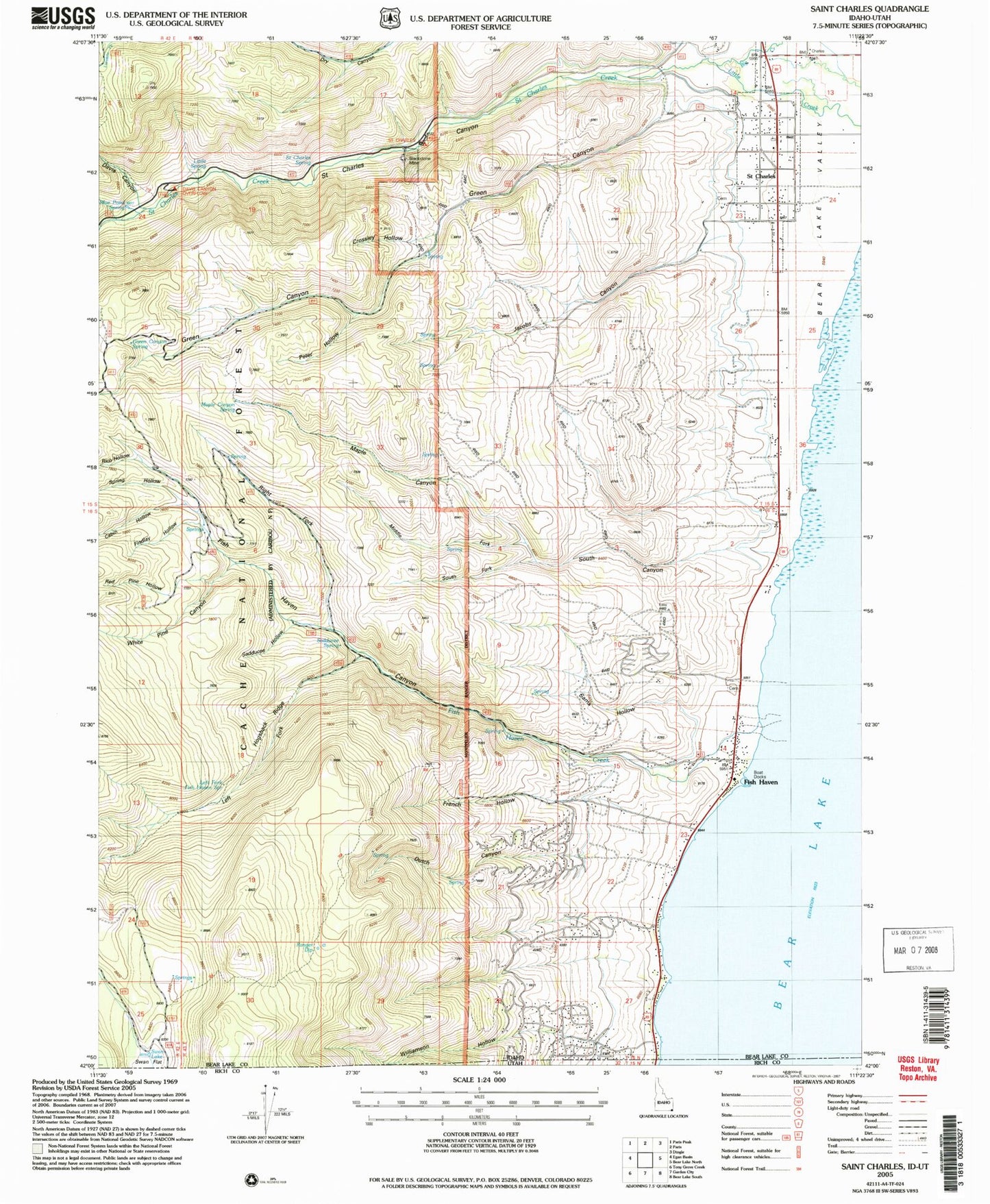 Classic USGS Saint Charles Idaho 7.5'x7.5' Topo Map Image