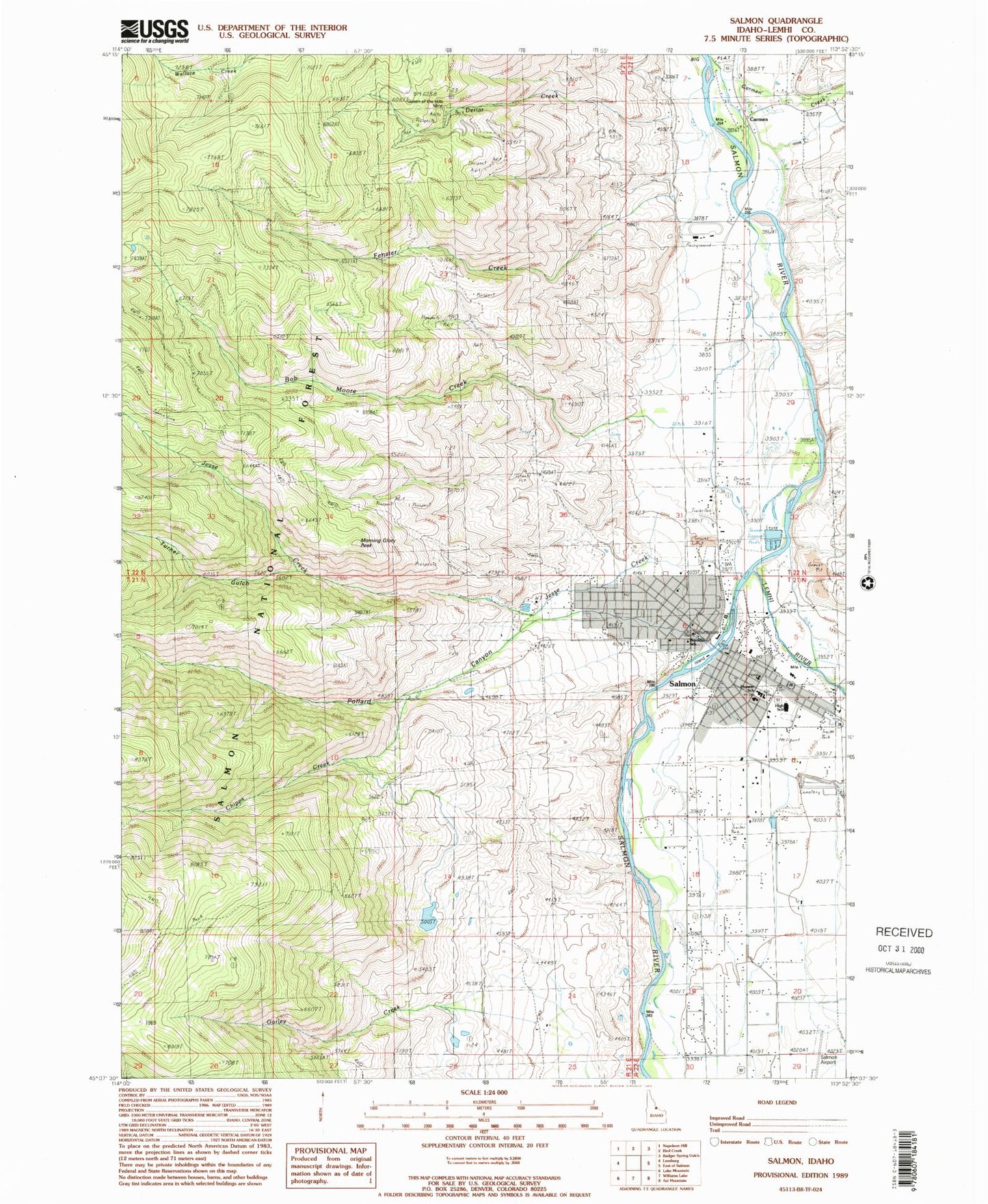 Classic USGS Salmon Idaho 7.5'x7.5' Topo Map Image