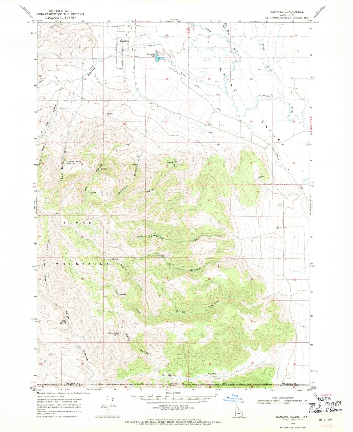 Classic USGS Samaria Idaho 7.5'x7.5' Topo Map Image