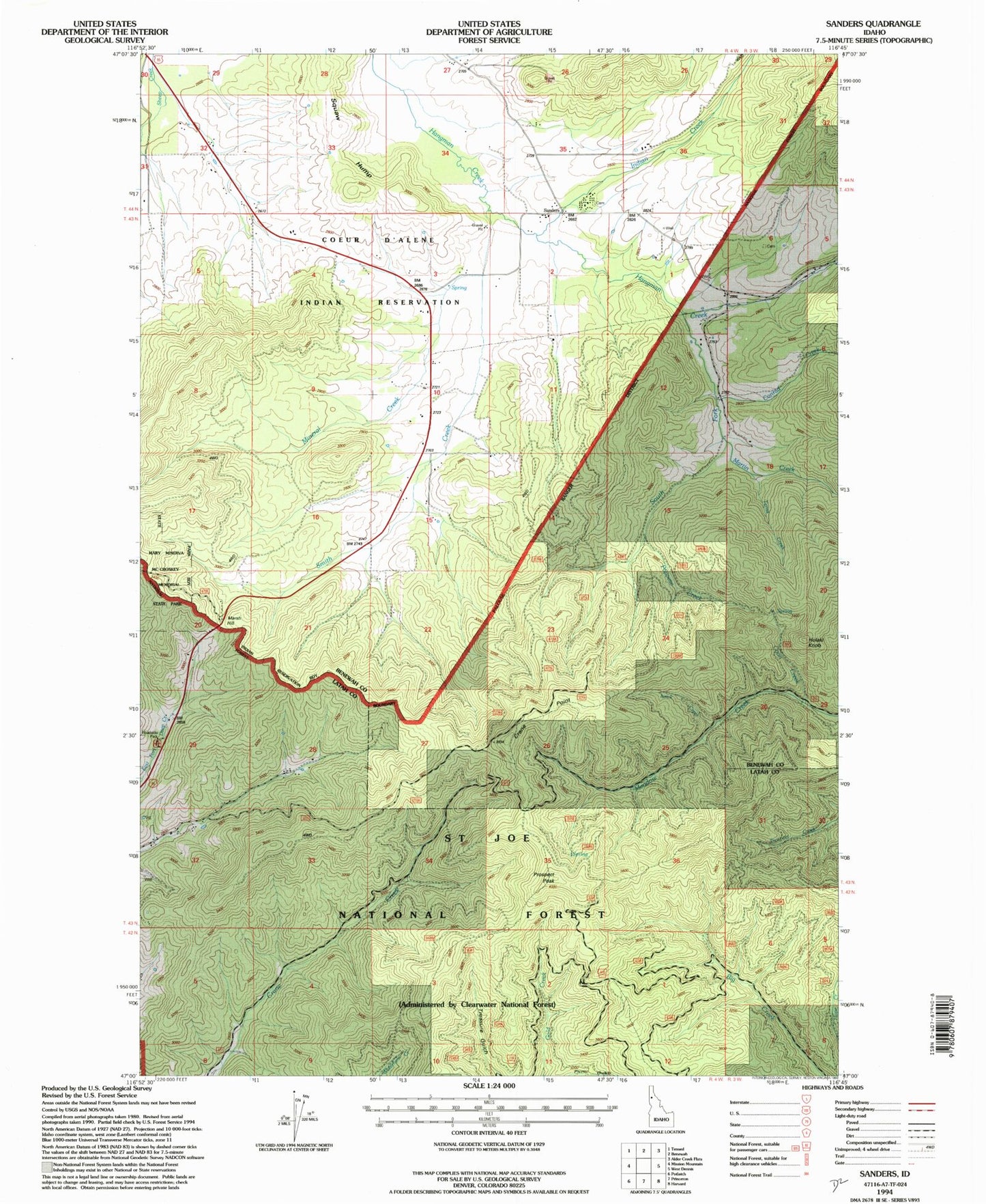 Classic USGS Sanders Idaho 7.5'x7.5' Topo Map Image