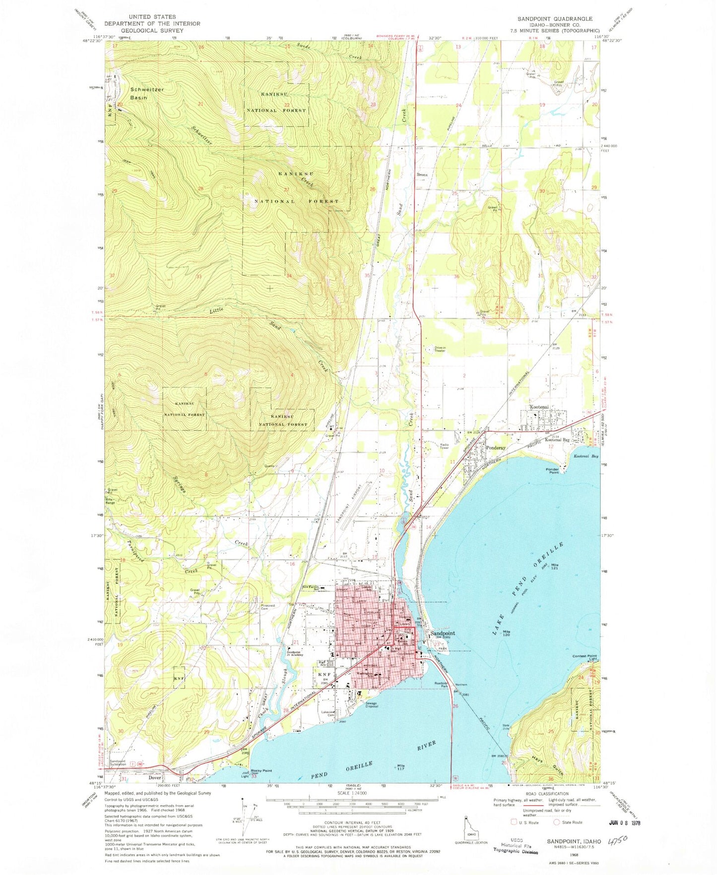 Classic USGS Sandpoint Idaho 7.5'x7.5' Topo Map Image