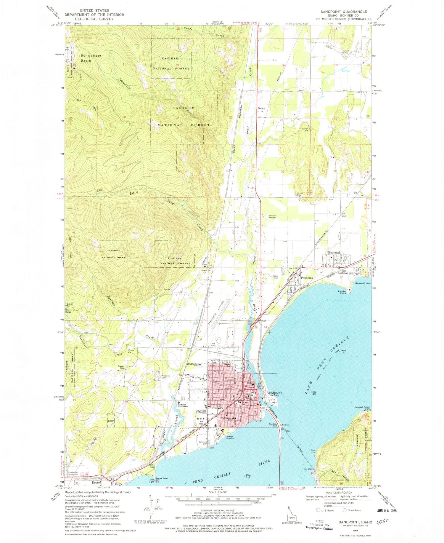 Classic USGS Sandpoint Idaho 7.5'x7.5' Topo Map Image