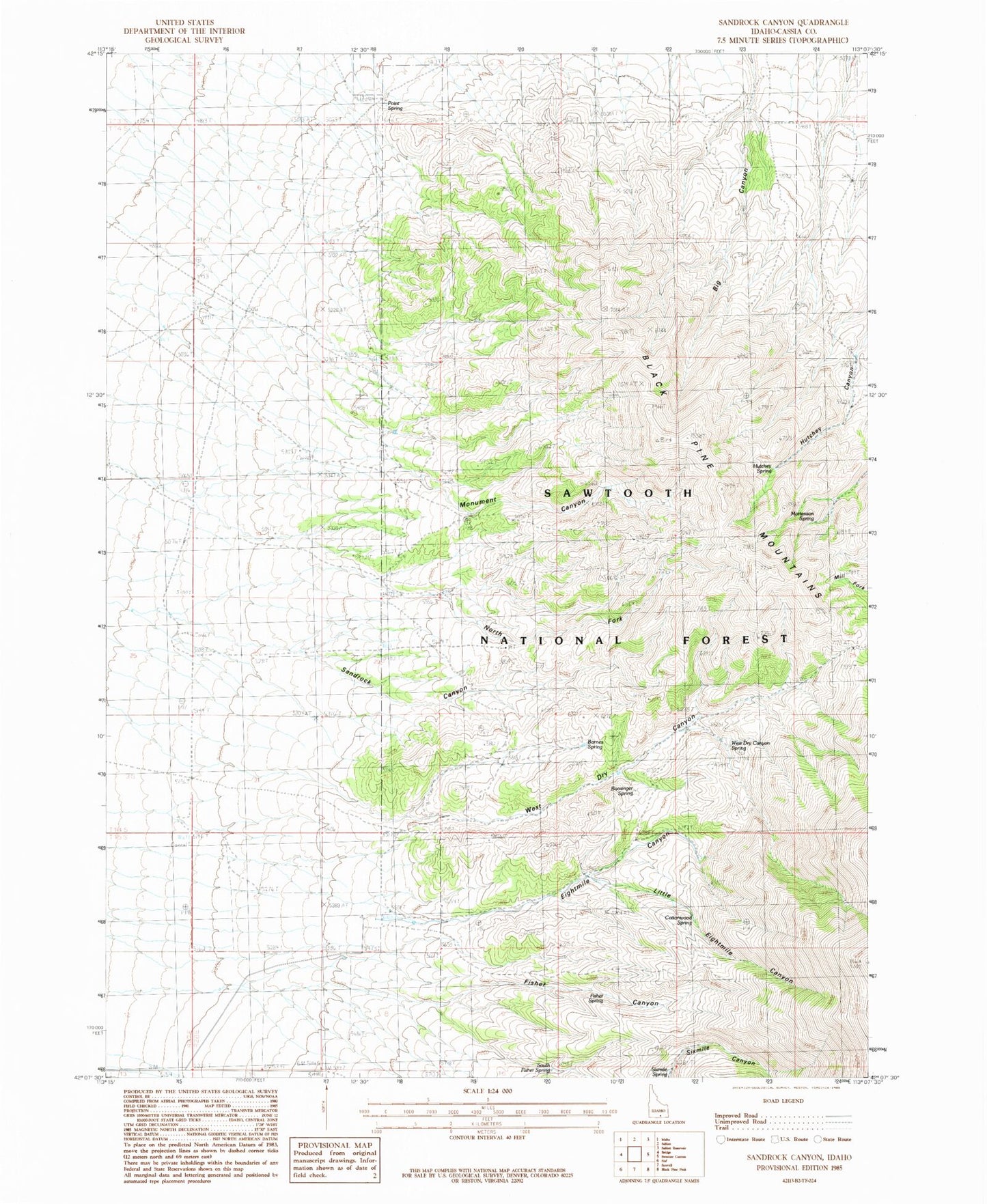 Classic USGS Sandrock Canyon Idaho 7.5'x7.5' Topo Map Image