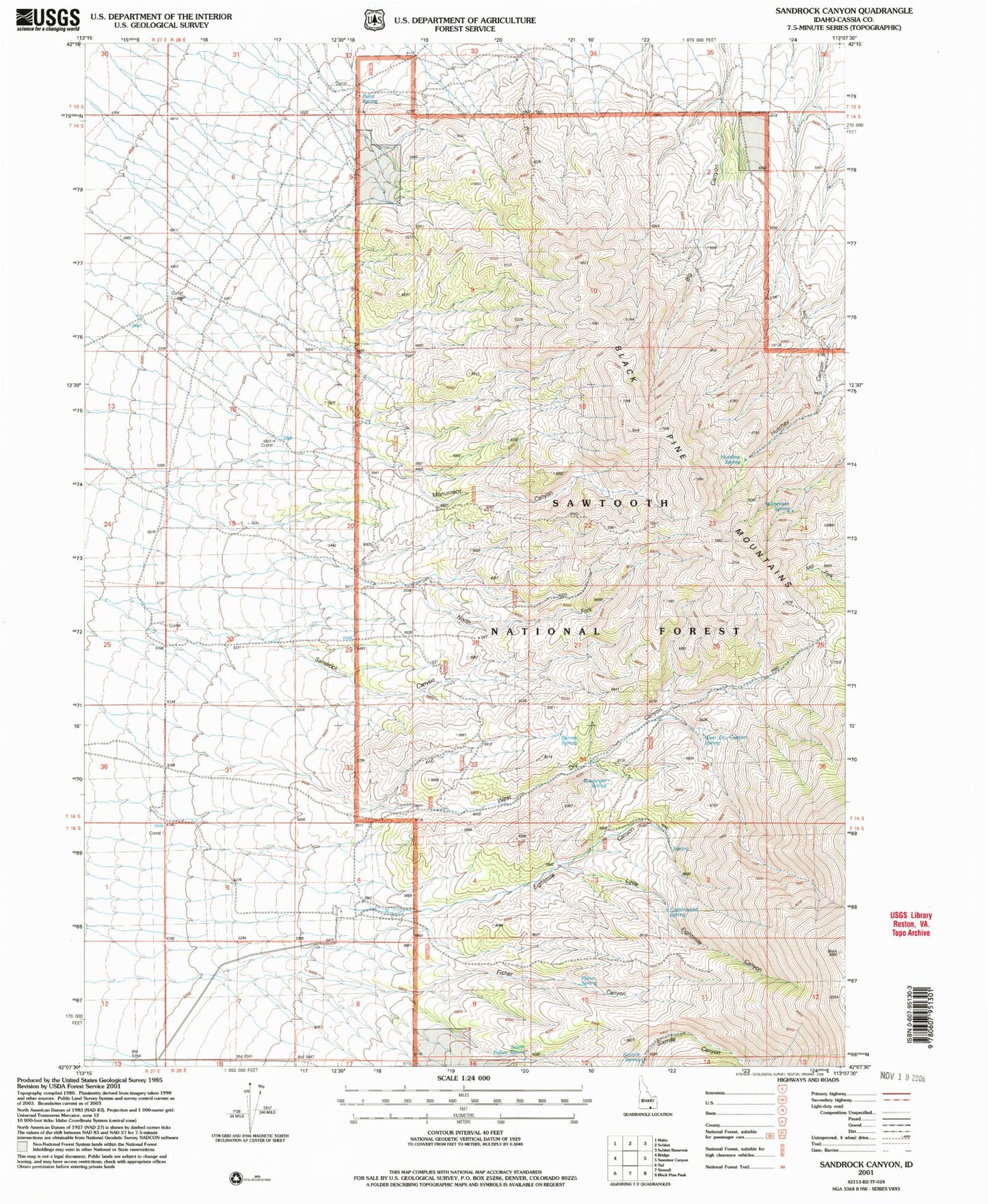 Classic USGS Sandrock Canyon Idaho 7.5'x7.5' Topo Map Image