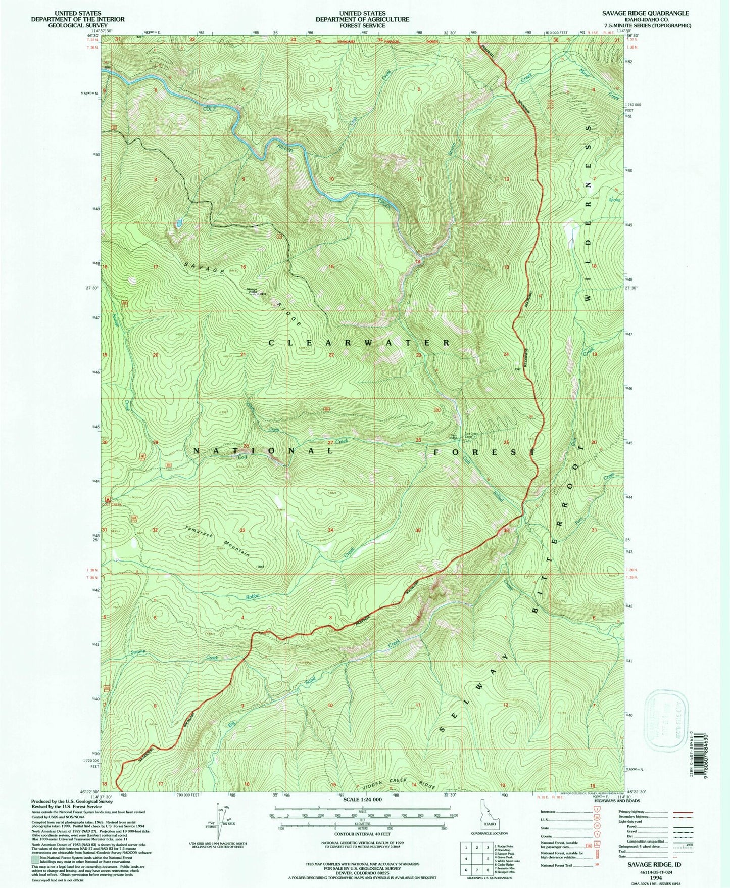 Classic USGS Savage Ridge Idaho 7.5'x7.5' Topo Map Image