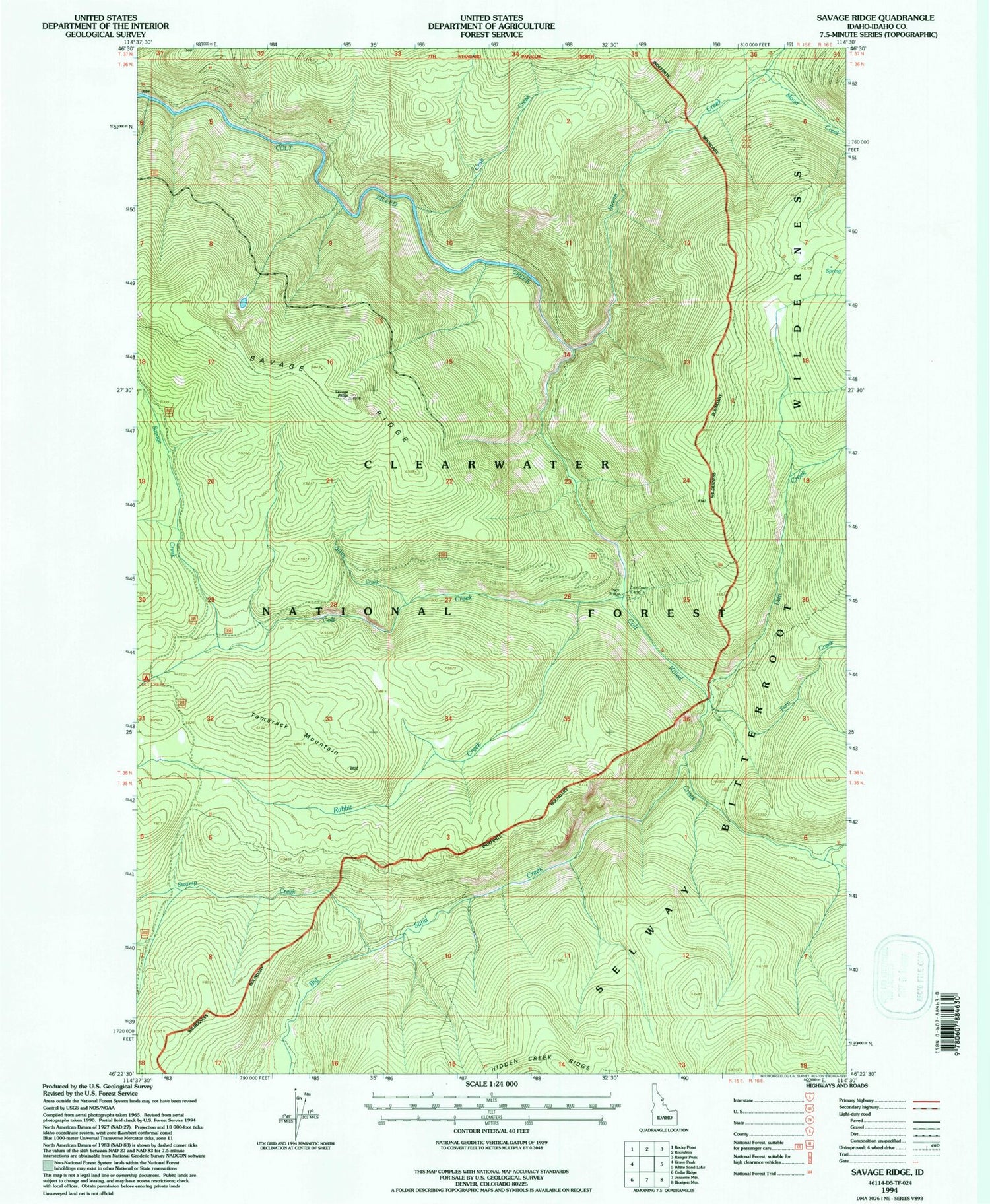 Classic USGS Savage Ridge Idaho 7.5'x7.5' Topo Map Image