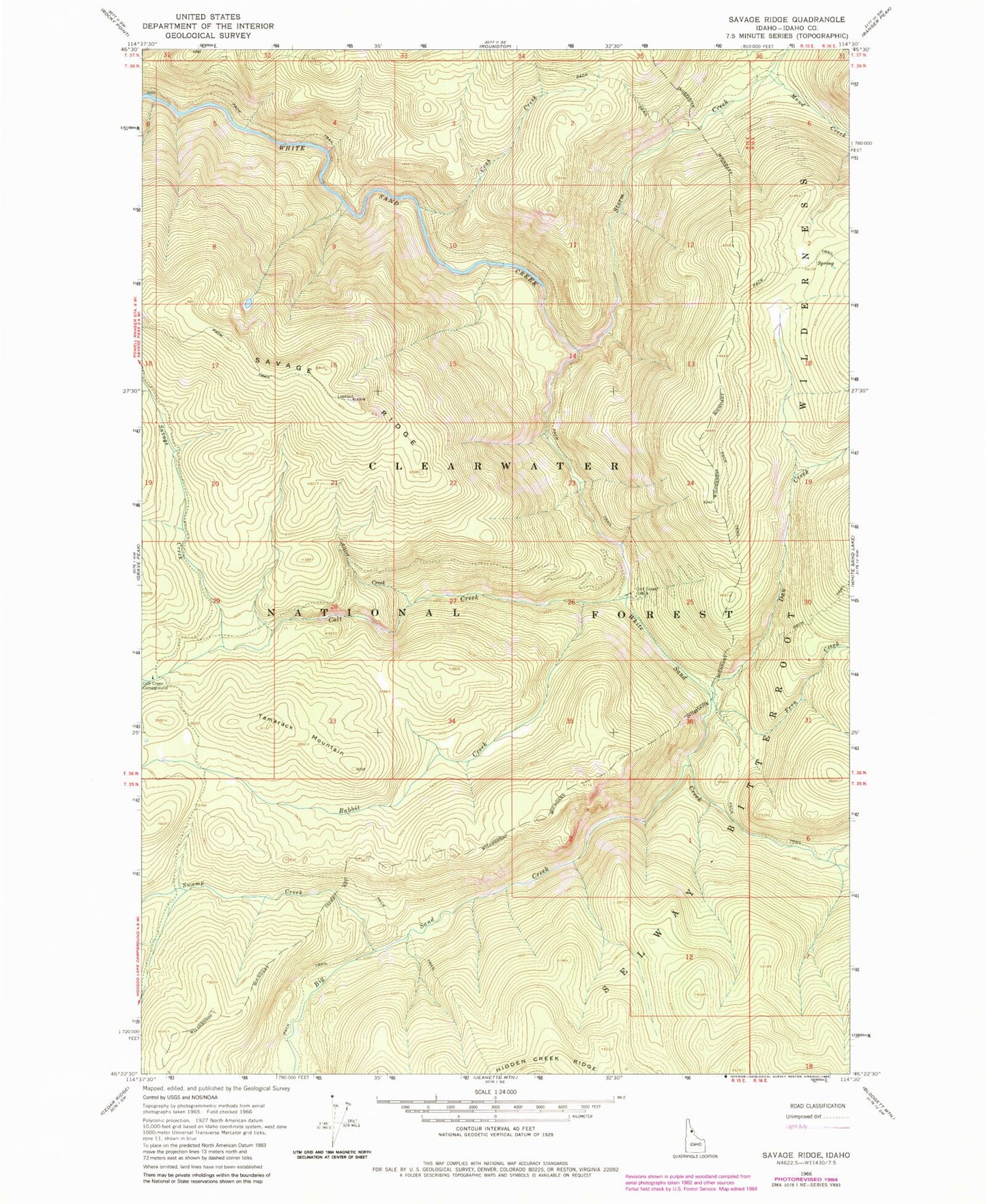 Classic USGS Savage Ridge Idaho 7.5'x7.5' Topo Map Image