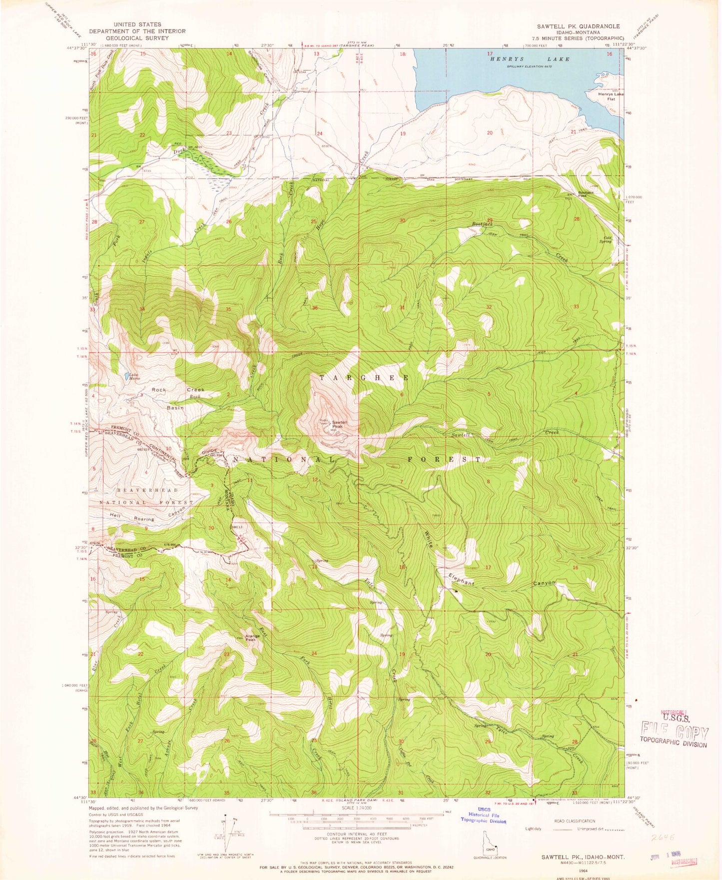 Classic USGS Sawtell Peak Idaho 7.5'x7.5' Topo Map Image