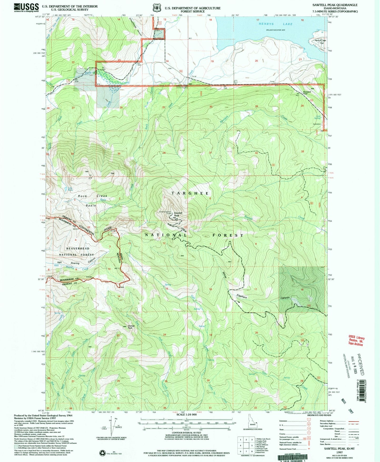 Classic USGS Sawtell Peak Idaho 7.5'x7.5' Topo Map Image