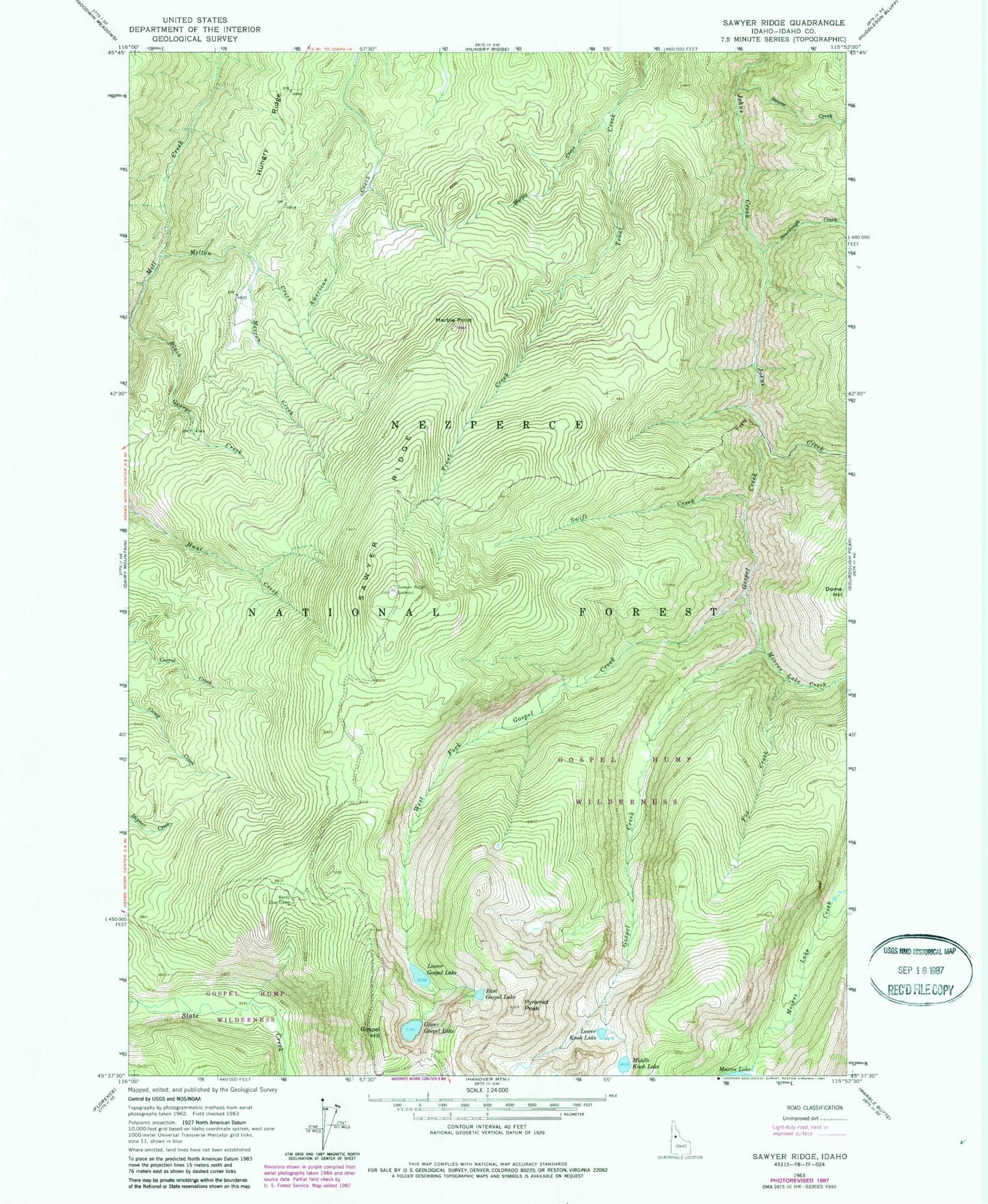 Classic USGS Sawyer Ridge Idaho 7.5'x7.5' Topo Map Image
