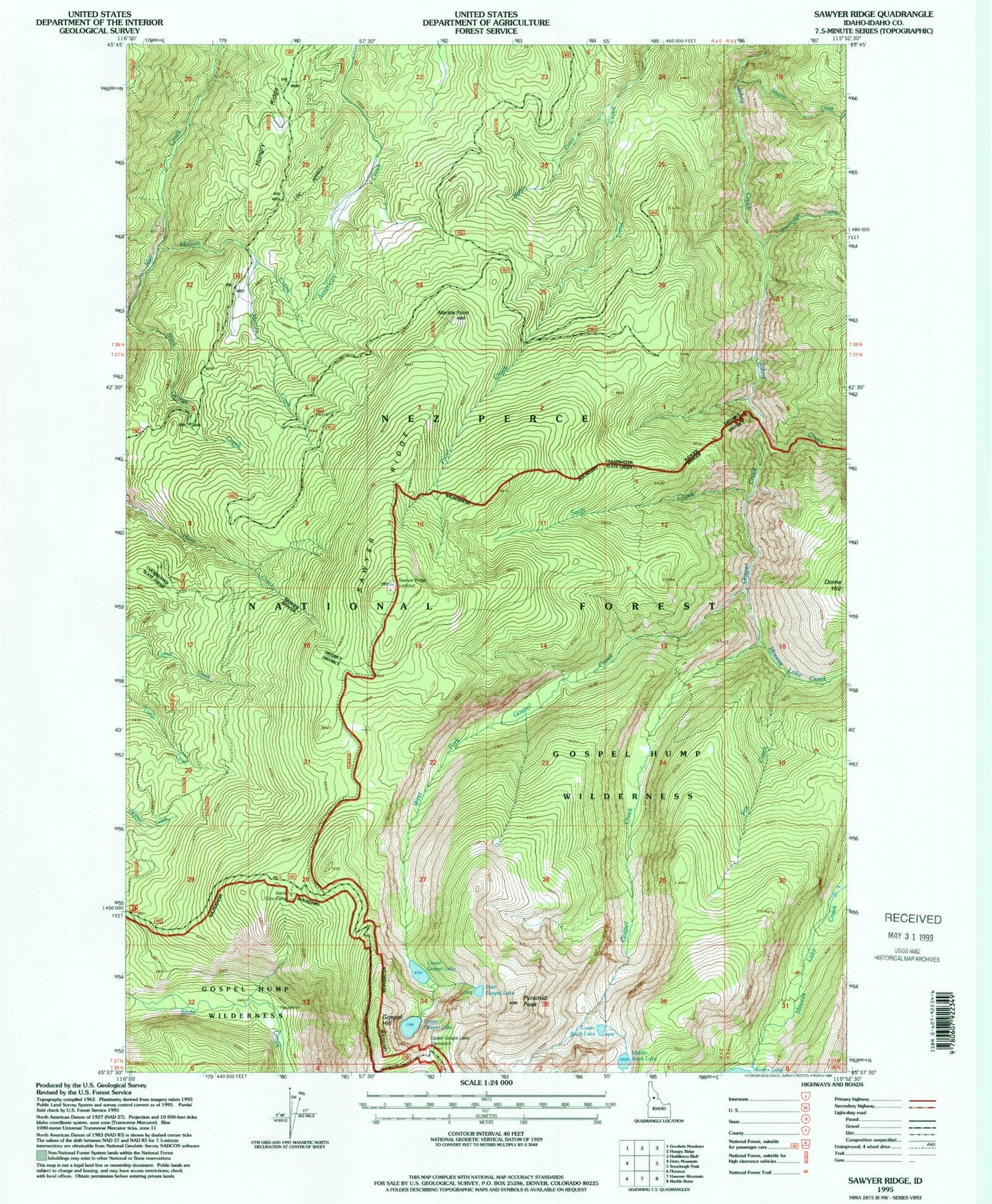 Classic USGS Sawyer Ridge Idaho 7.5'x7.5' Topo Map Image