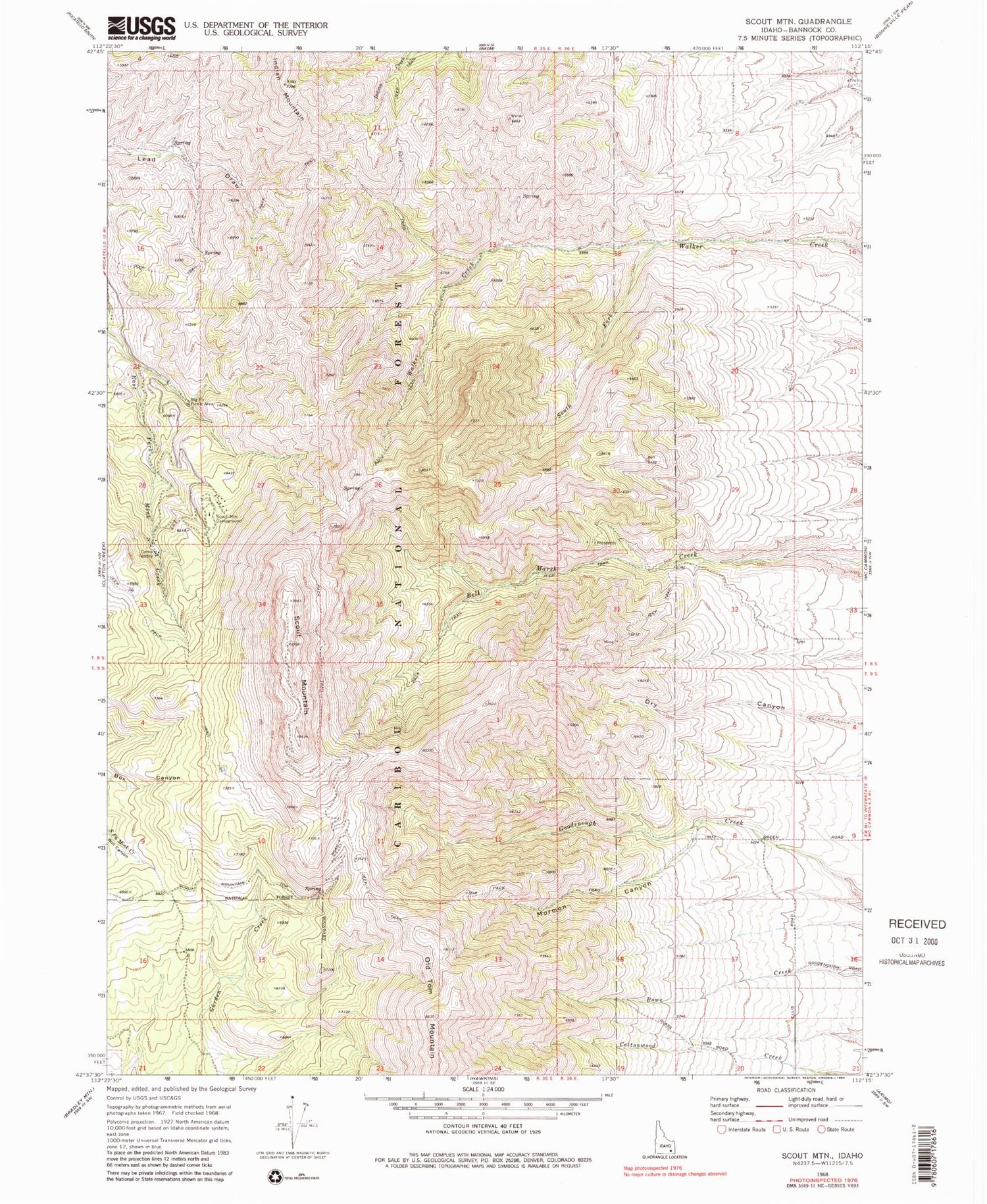 Classic USGS Scout Mountain Idaho 7.5'x7.5' Topo Map Image