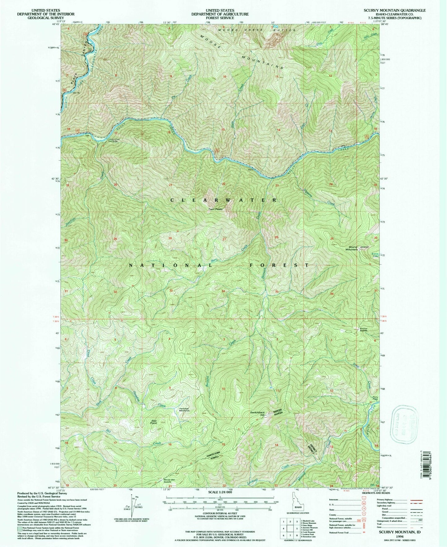 Classic USGS Scurvy Mountain Idaho 7.5'x7.5' Topo Map Image
