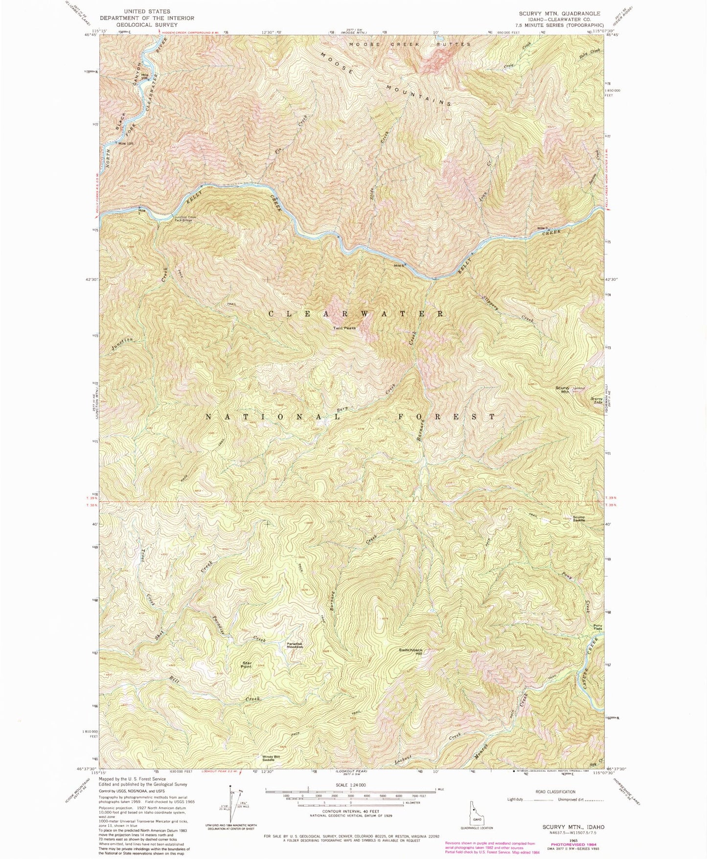 Classic USGS Scurvy Mountain Idaho 7.5'x7.5' Topo Map Image