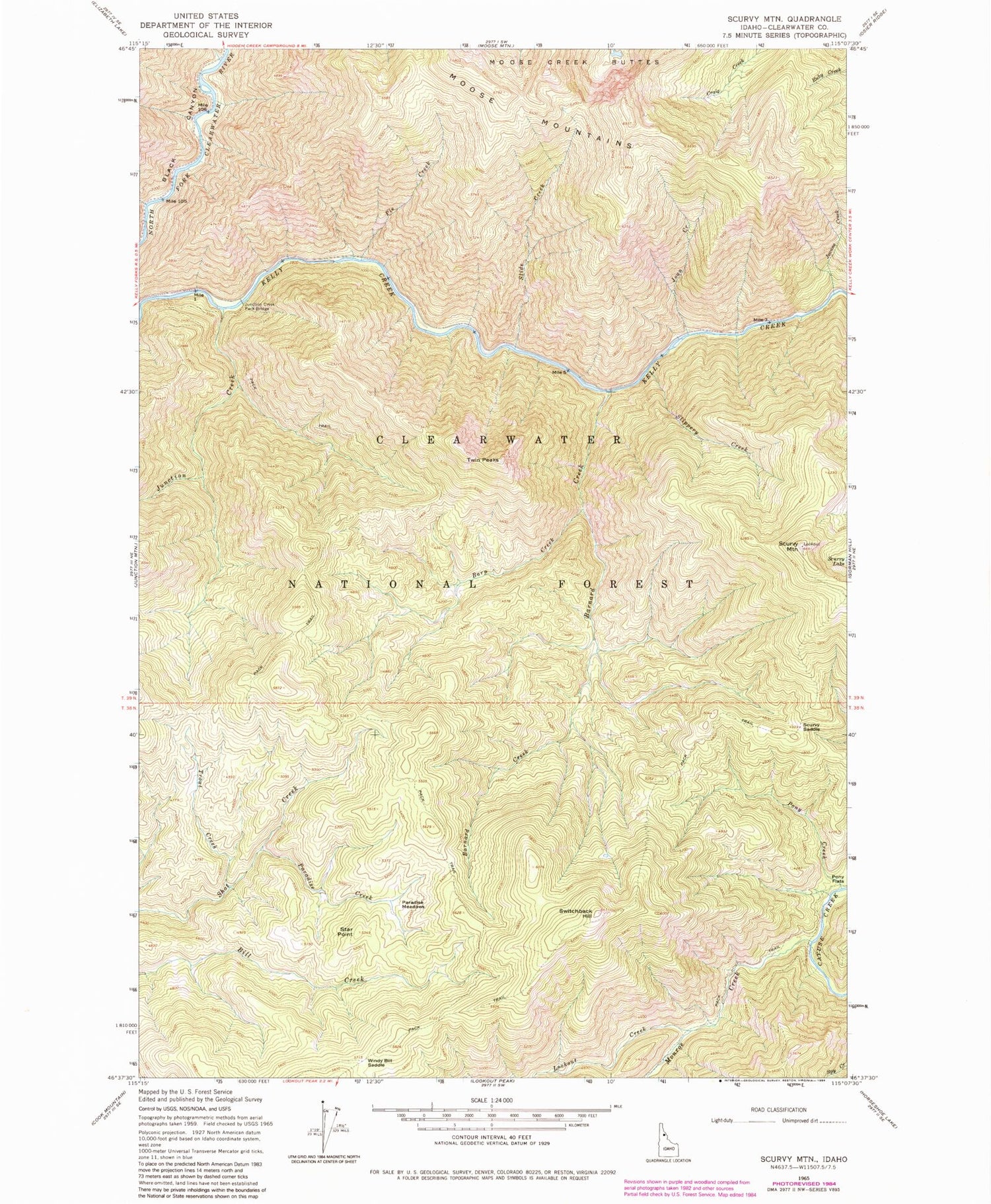 Classic USGS Scurvy Mountain Idaho 7.5'x7.5' Topo Map Image