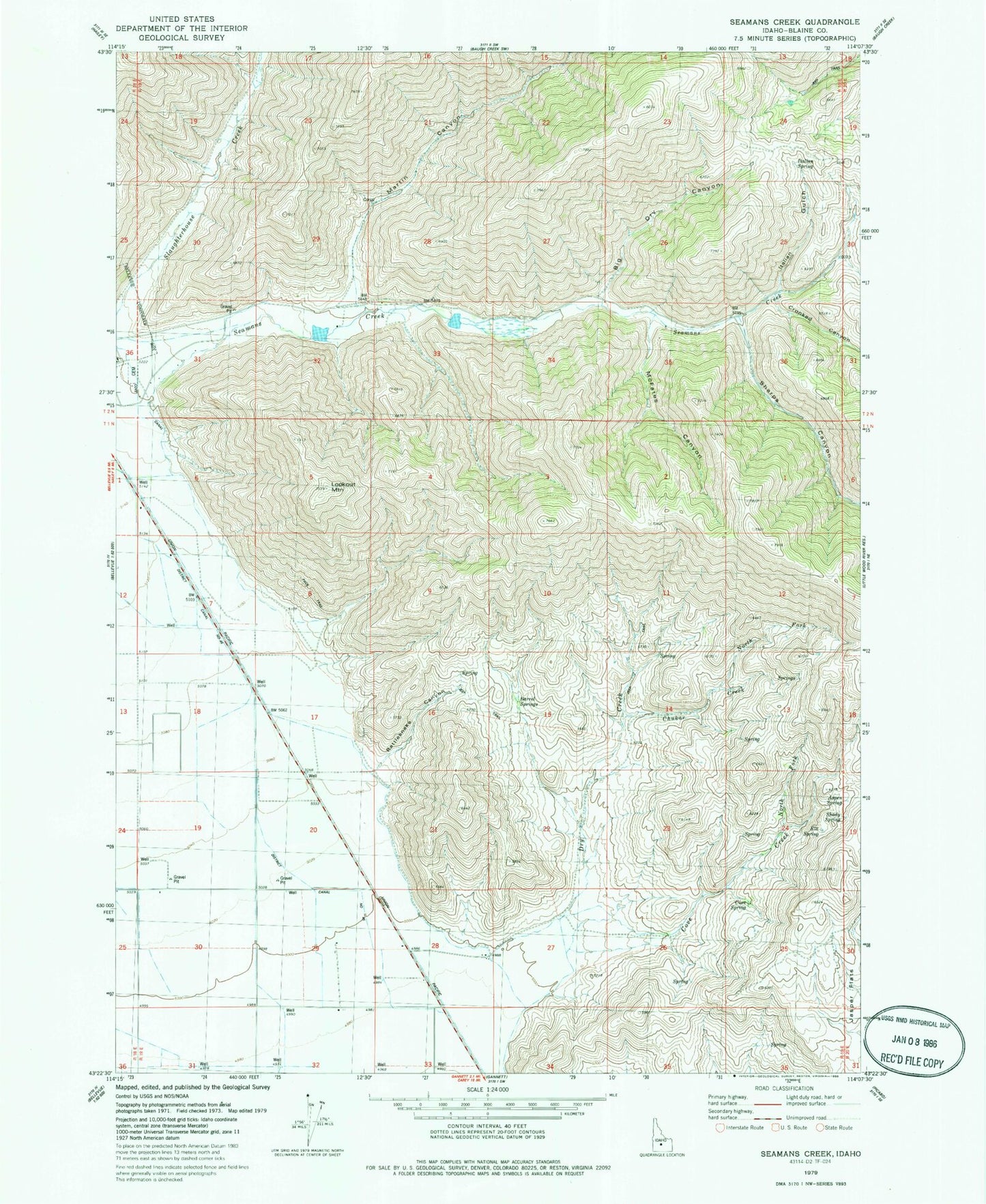 Classic USGS Seamans Creek Idaho 7.5'x7.5' Topo Map Image