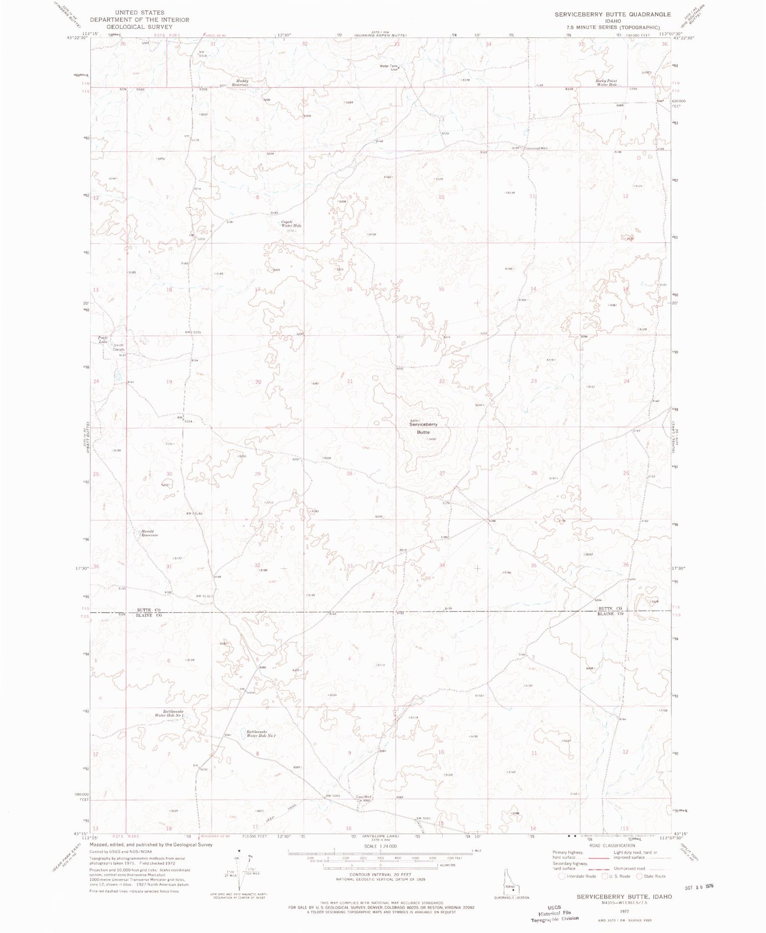 Classic USGS Serviceberry Butte Idaho 7.5'x7.5' Topo Map Image