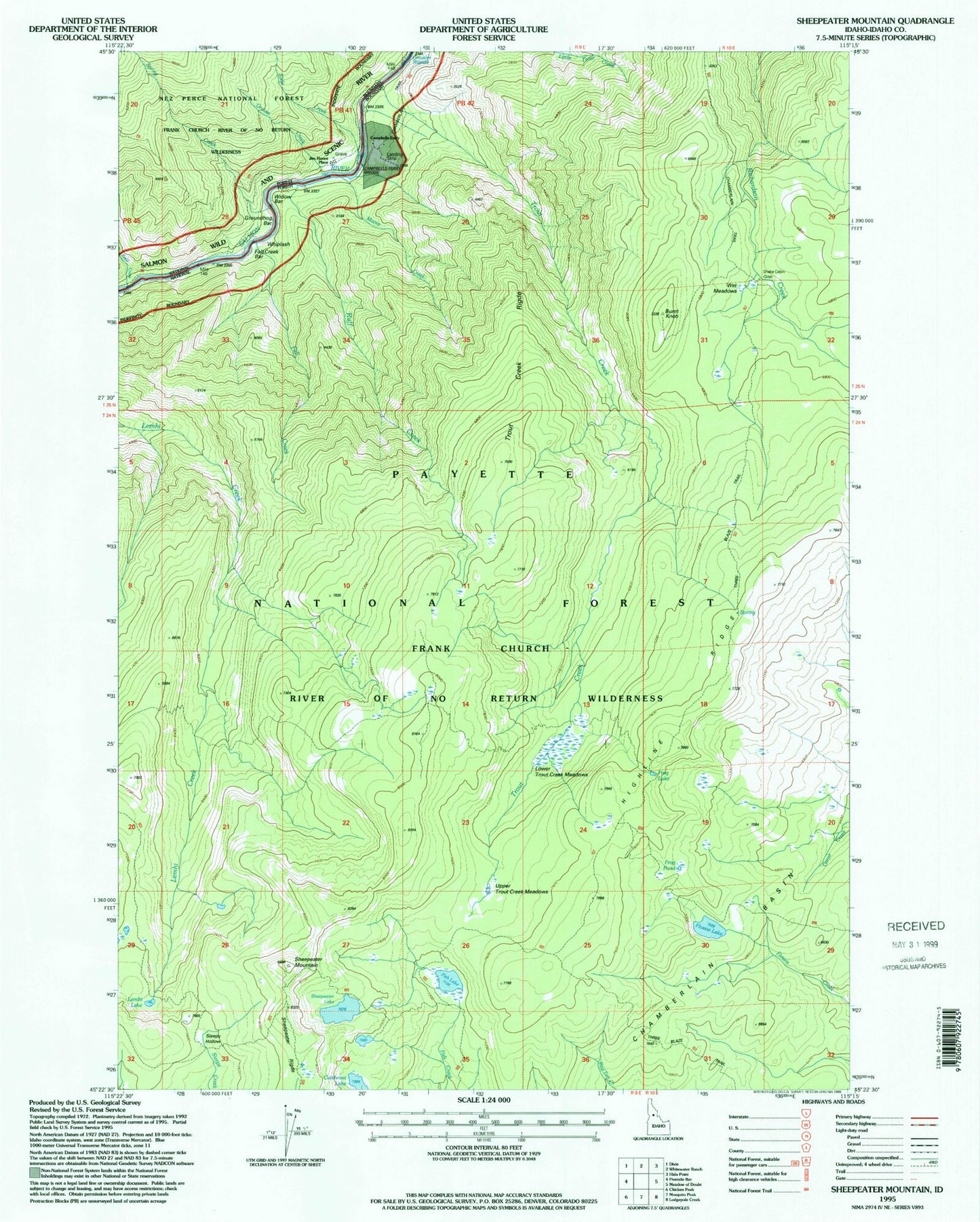 Classic USGS Sheepeater Mountain Idaho 7.5'x7.5' Topo Map Image