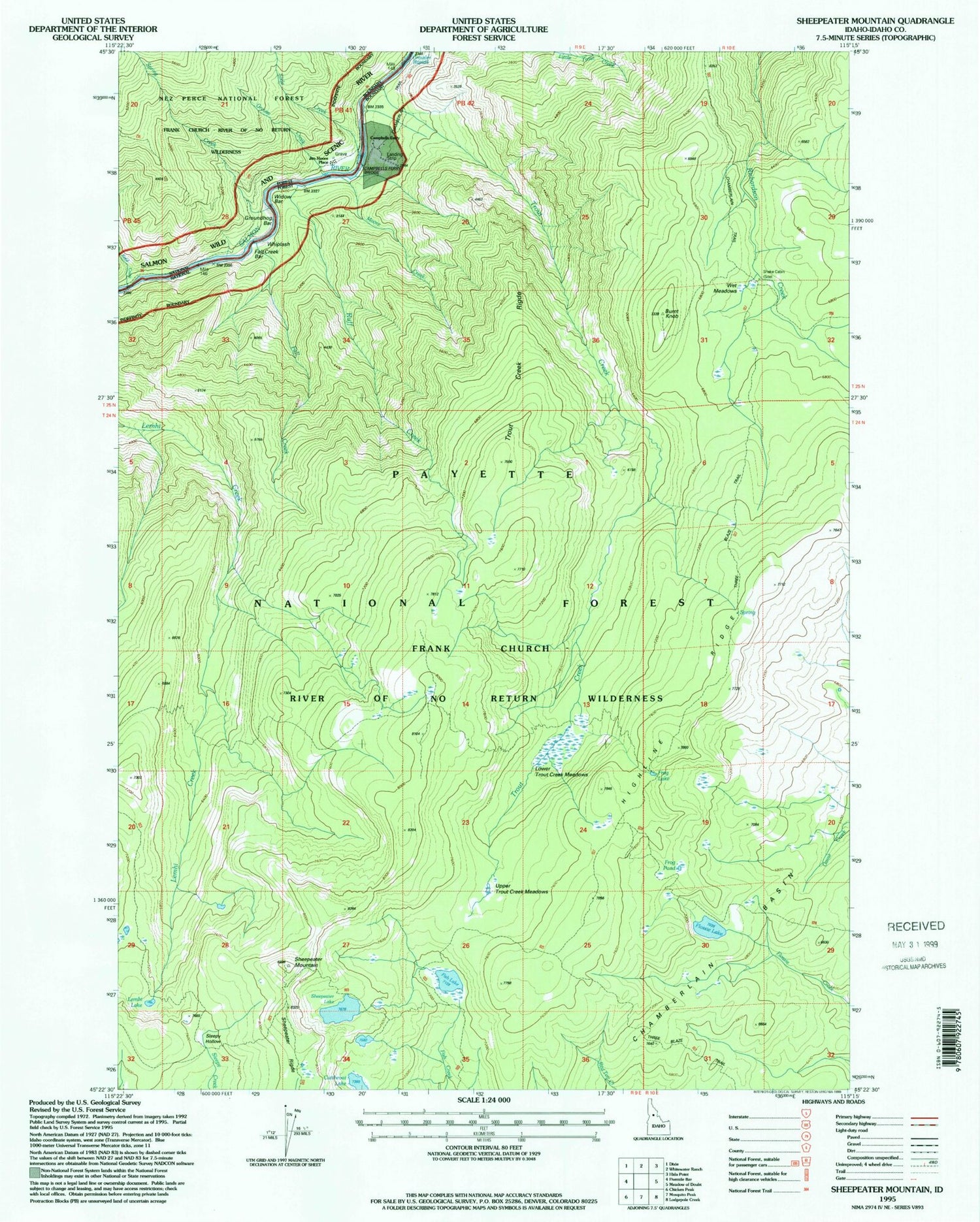 Classic USGS Sheepeater Mountain Idaho 7.5'x7.5' Topo Map Image