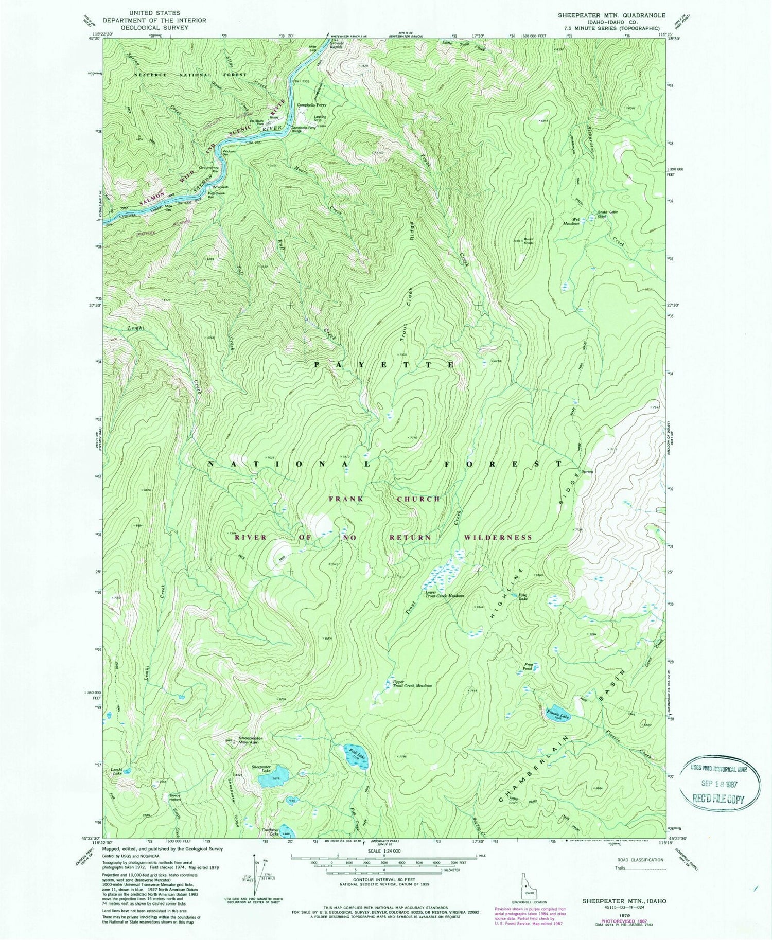 Classic USGS Sheepeater Mountain Idaho 7.5'x7.5' Topo Map Image